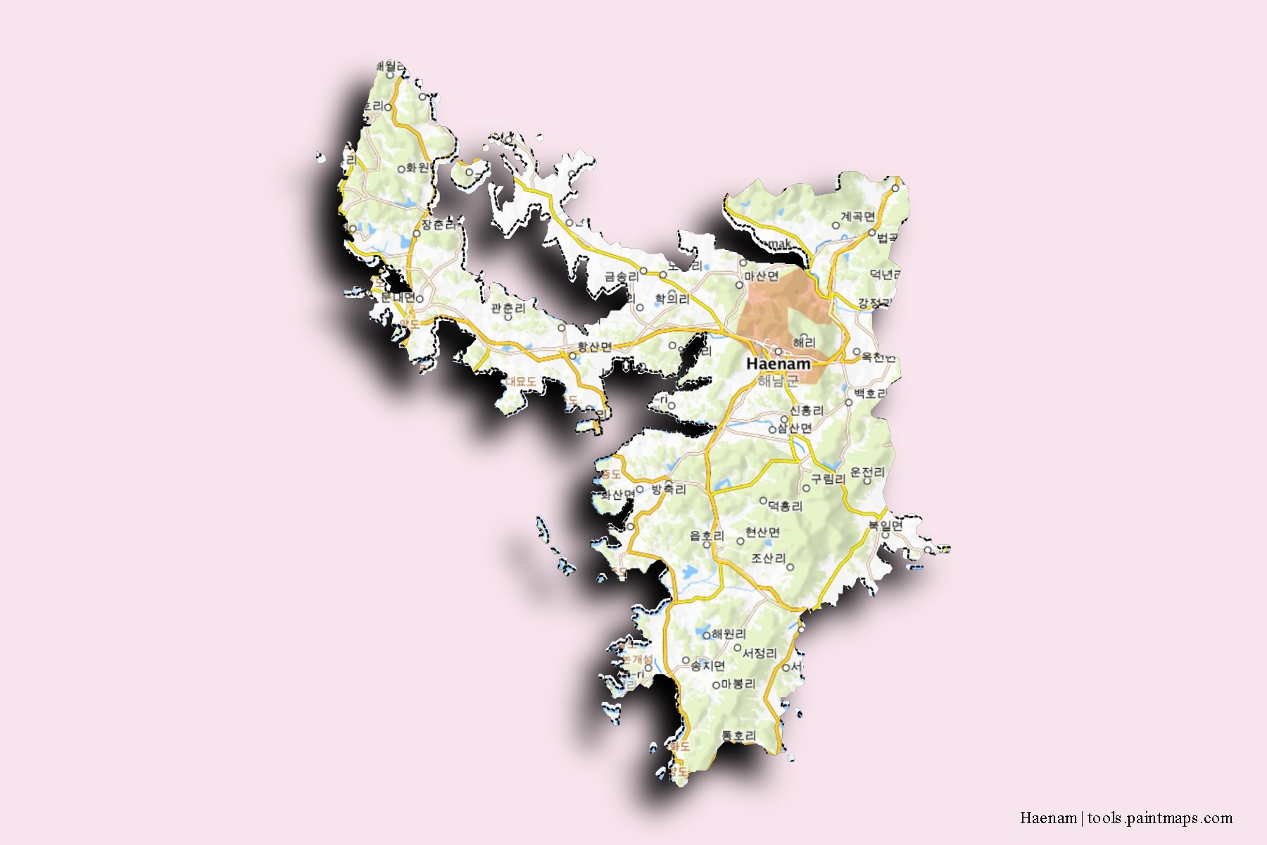 Haenam neighborhoods and villages map with 3D shadow effect