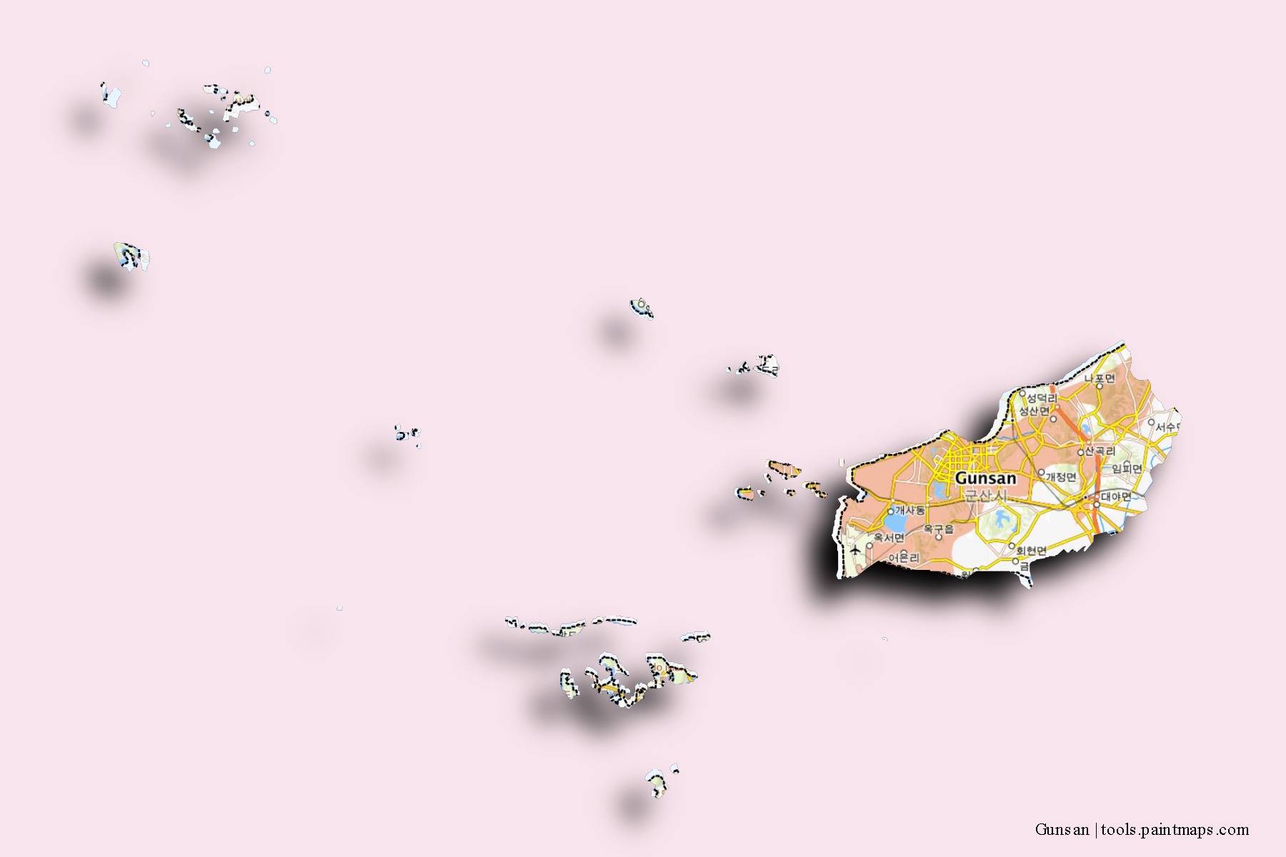 Gunsan neighborhoods and villages map with 3D shadow effect