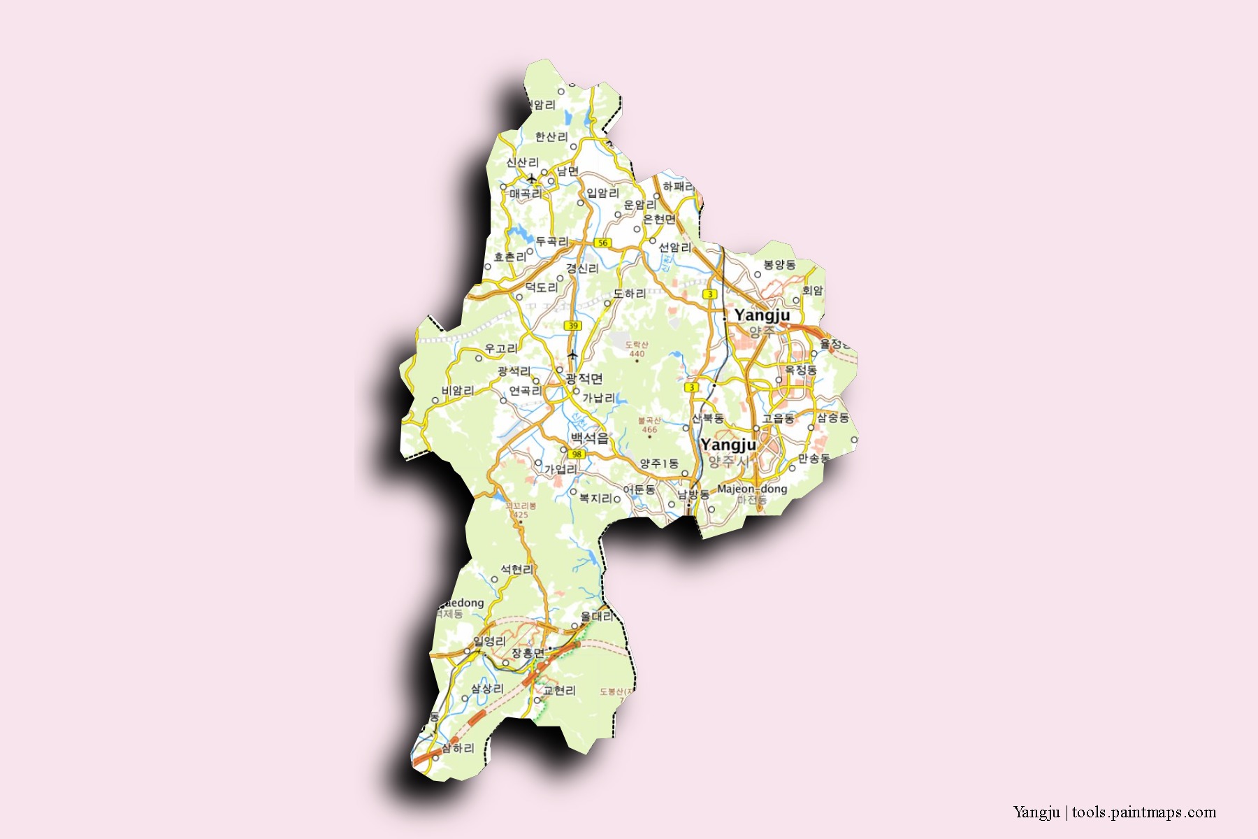 Mapa de barrios y pueblos de Yangju con efecto de sombra 3D