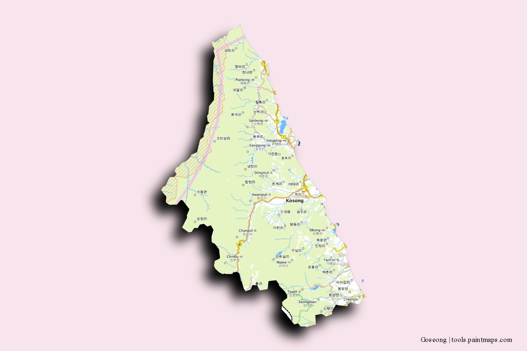 Mapa de barrios y pueblos de Goseong con efecto de sombra 3D