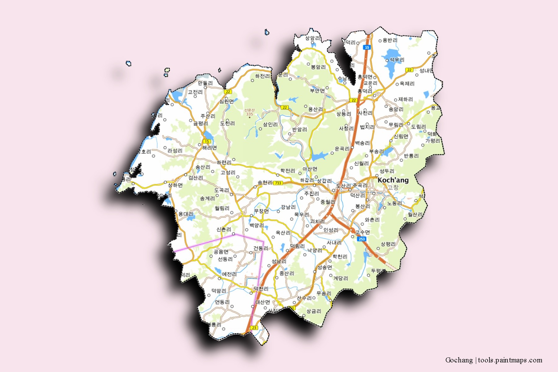 Mapa de barrios y pueblos de Gochang con efecto de sombra 3D