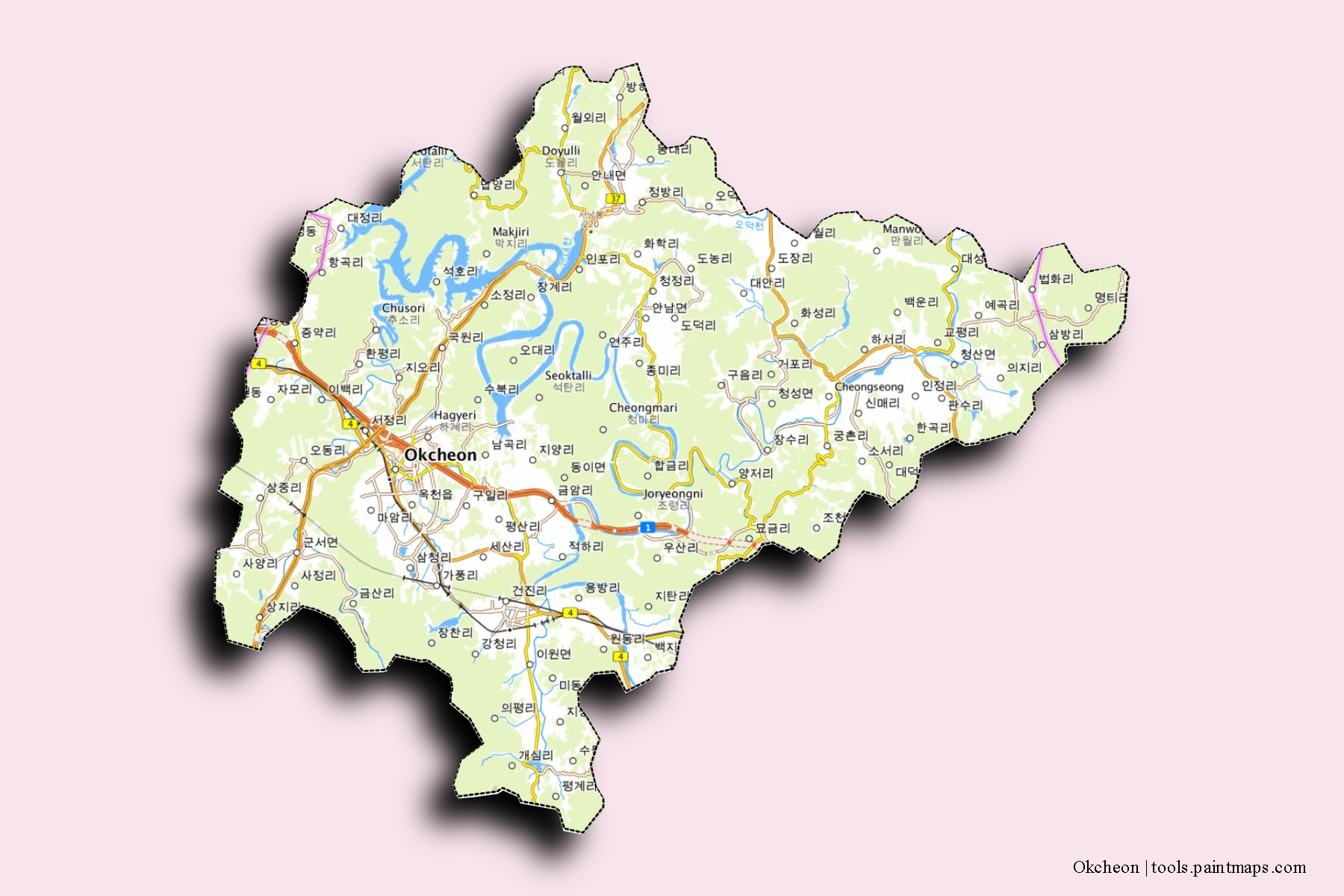 Mapa de barrios y pueblos de Okcheon con efecto de sombra 3D