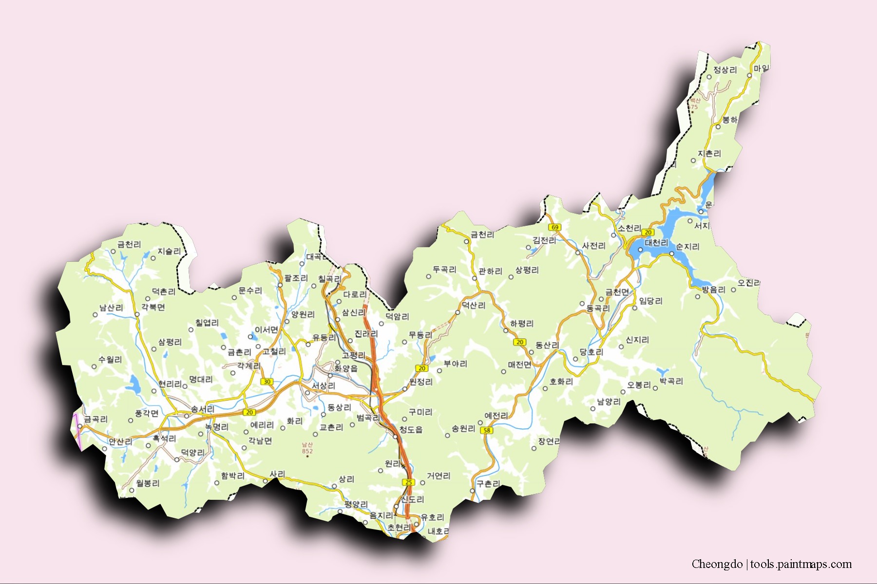 Mapa de barrios y pueblos de Cheongdo con efecto de sombra 3D