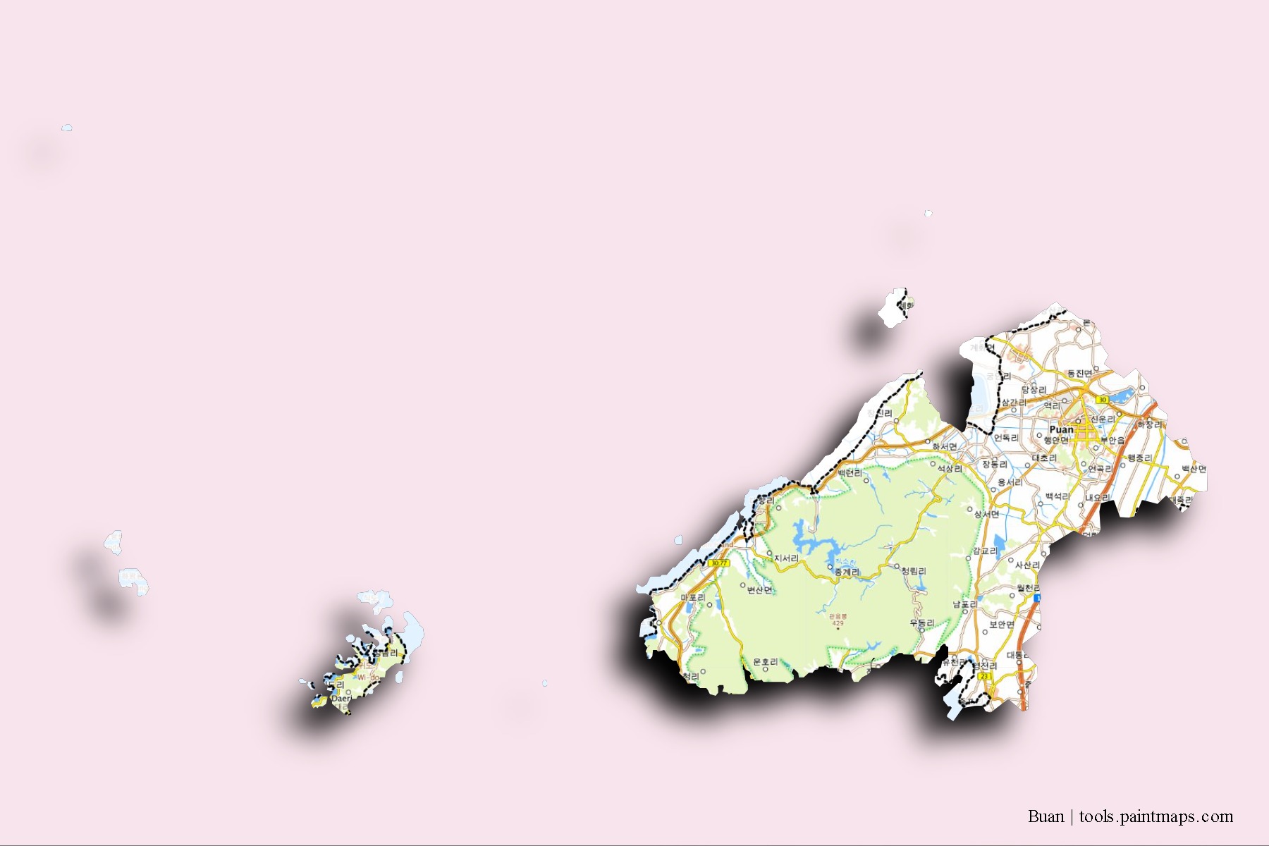 3D gölge efektli Buan mahalleleri ve köyleri haritası