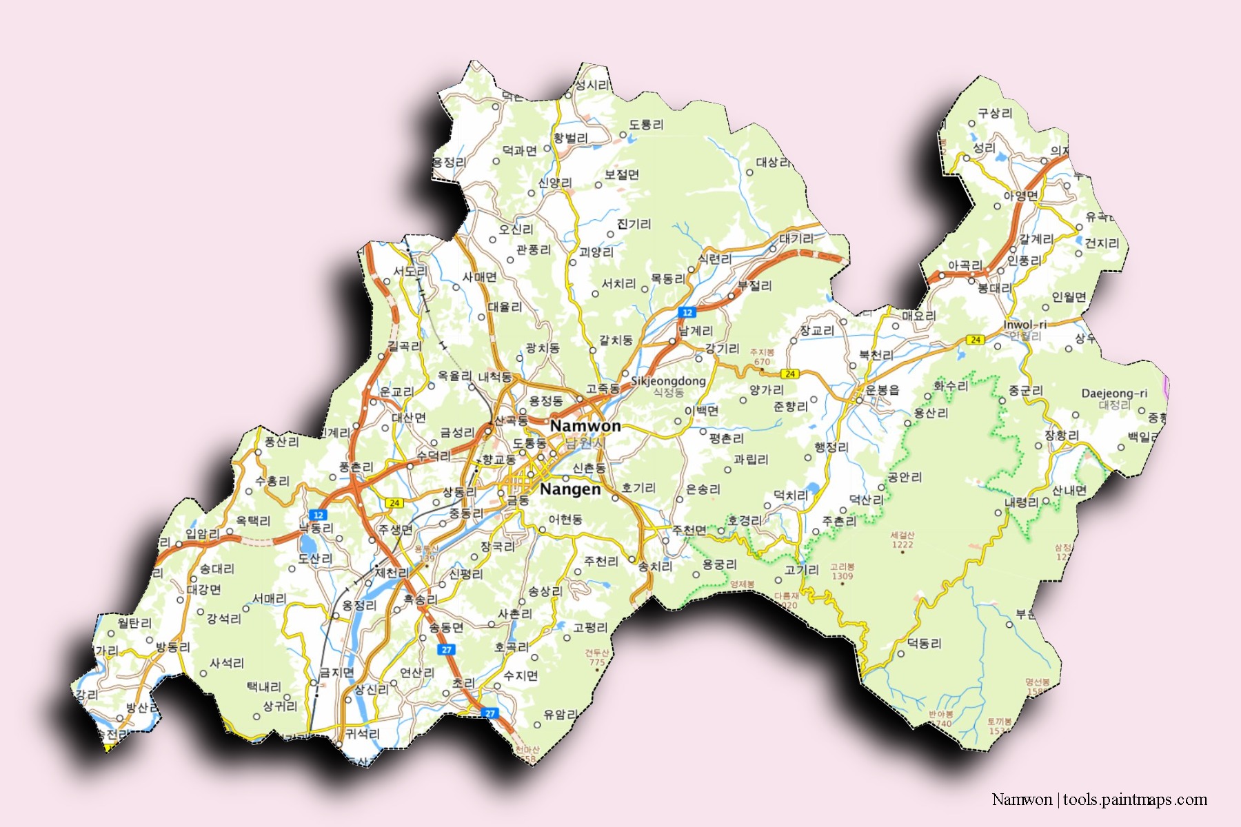 Mapa de barrios y pueblos de Namwon con efecto de sombra 3D