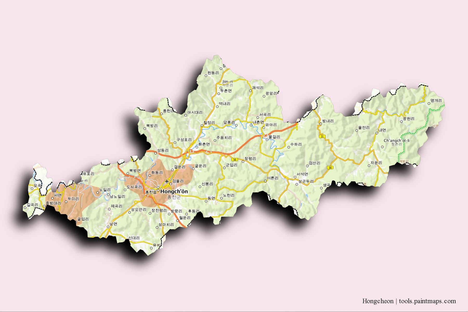 Hongcheon neighborhoods and villages map with 3D shadow effect