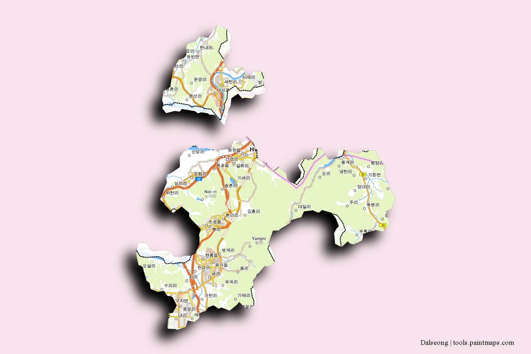 Mapa de barrios y pueblos de Dalseong con efecto de sombra 3D