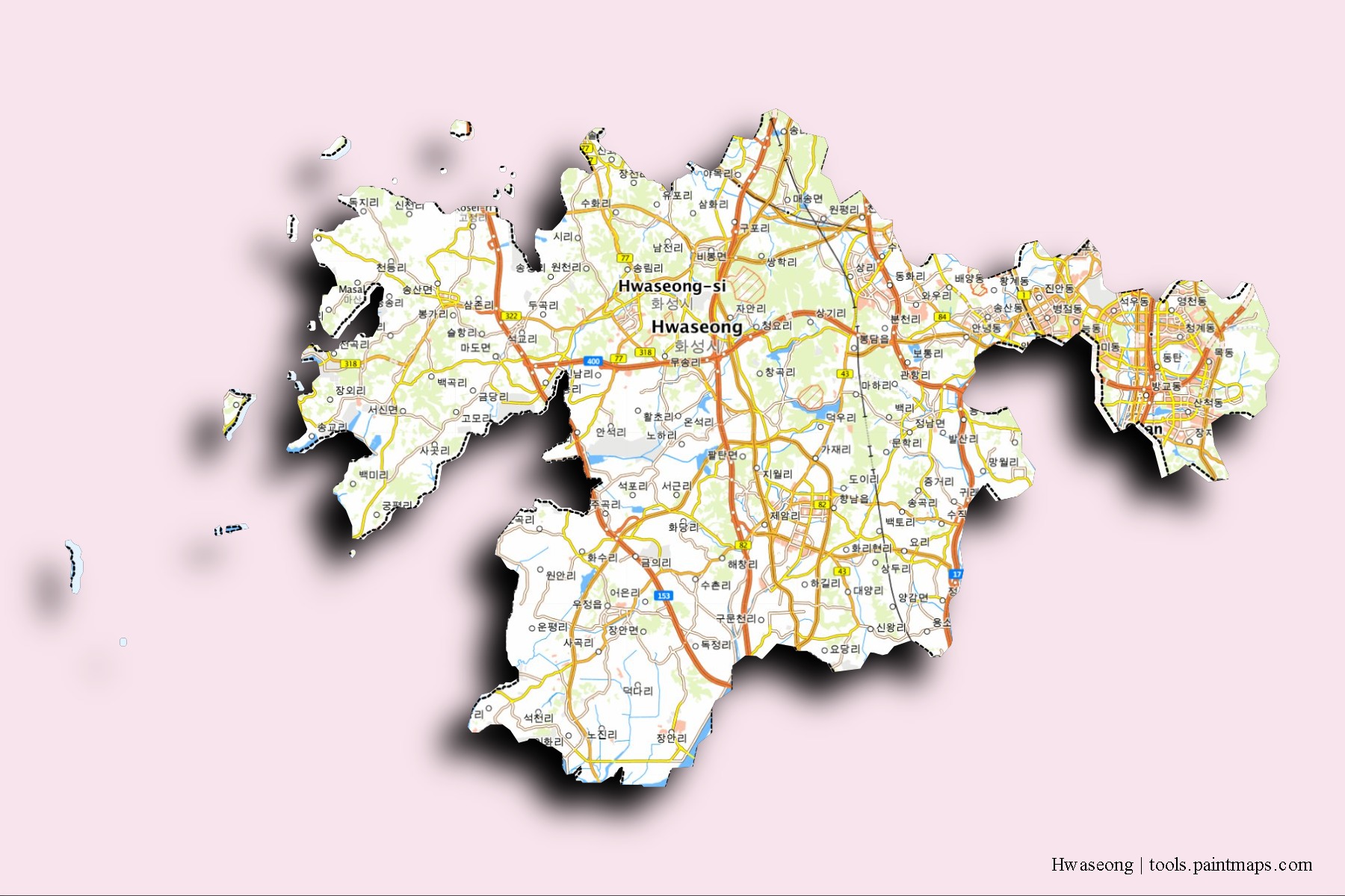 Mapa de barrios y pueblos de Hwaseong con efecto de sombra 3D