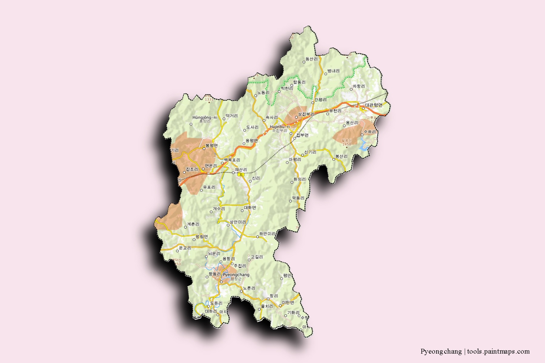 Mapa de barrios y pueblos de Pyeongchang con efecto de sombra 3D