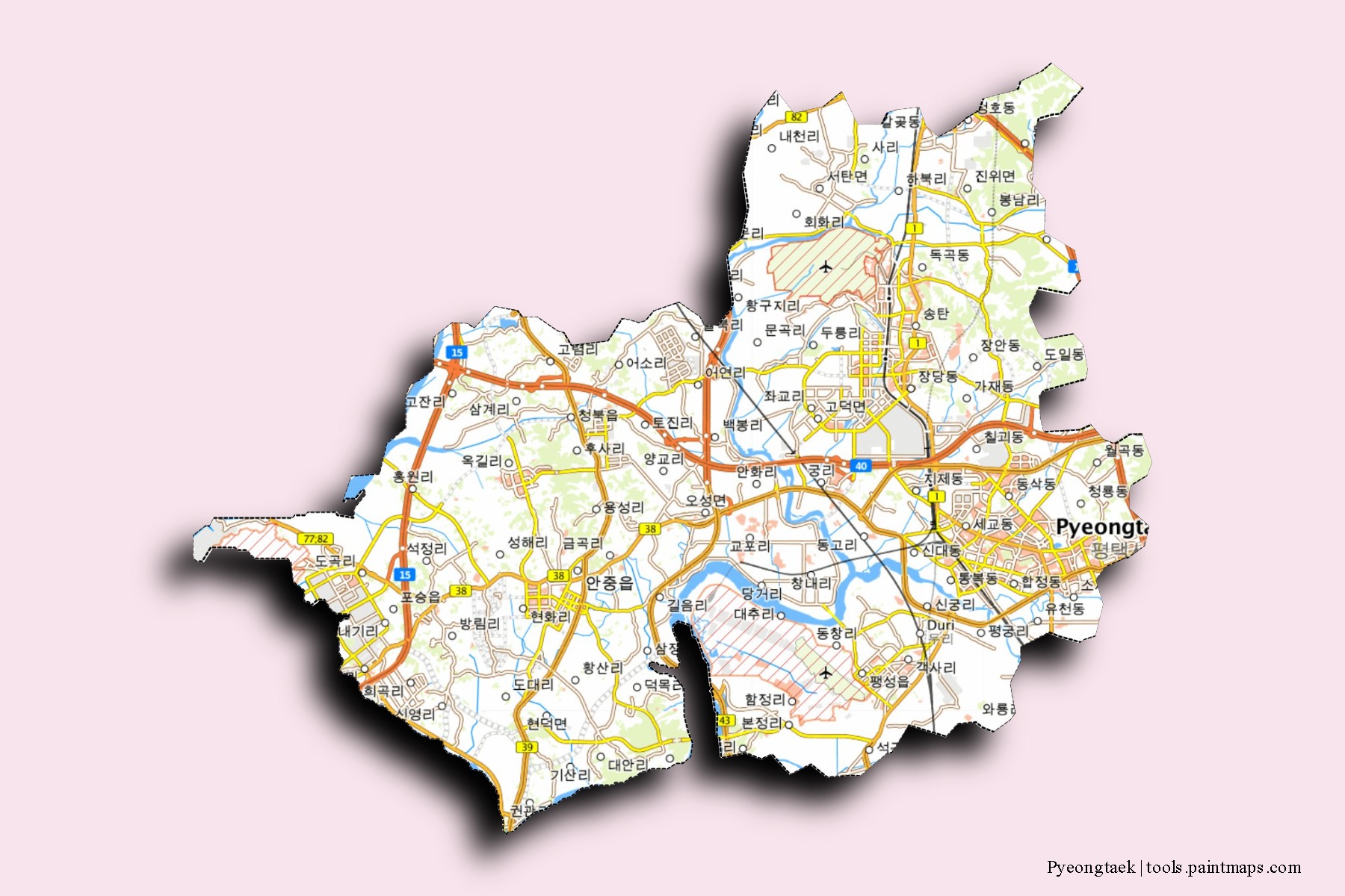 Mapa de barrios y pueblos de Pyeongtaek con efecto de sombra 3D