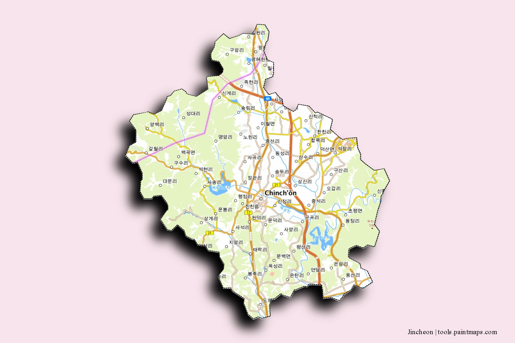 Mapa de barrios y pueblos de Jincheon con efecto de sombra 3D