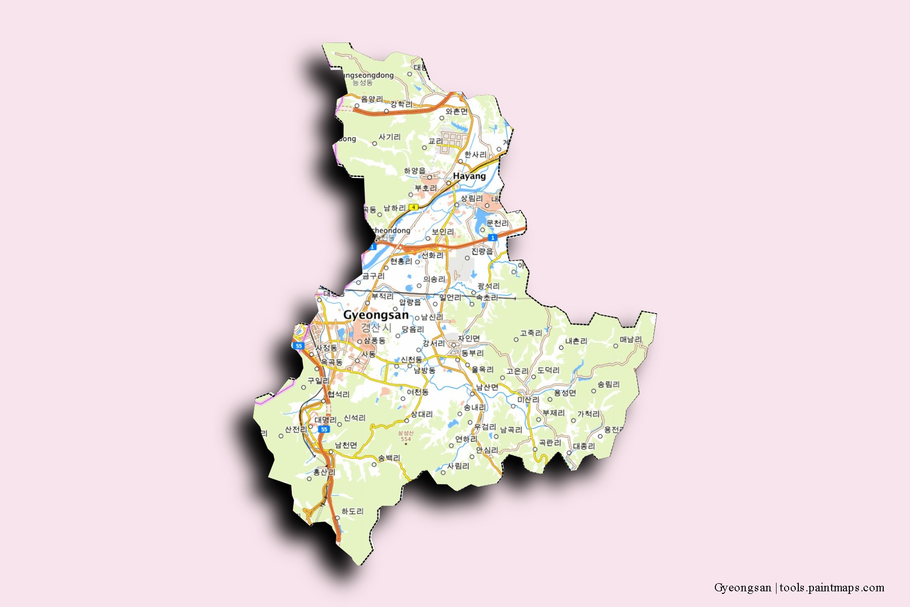 Mapa de barrios y pueblos de Gyeongsan con efecto de sombra 3D