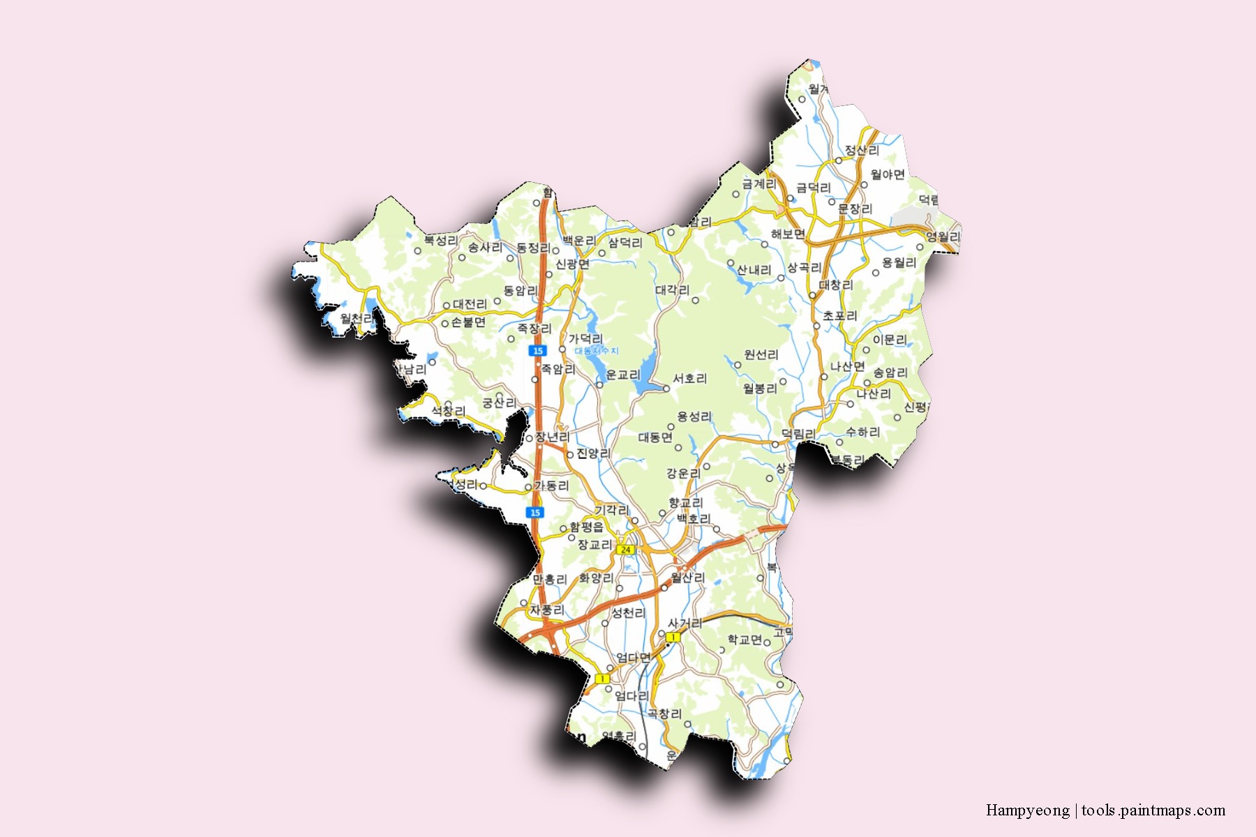 Mapa de barrios y pueblos de Hampyeong con efecto de sombra 3D