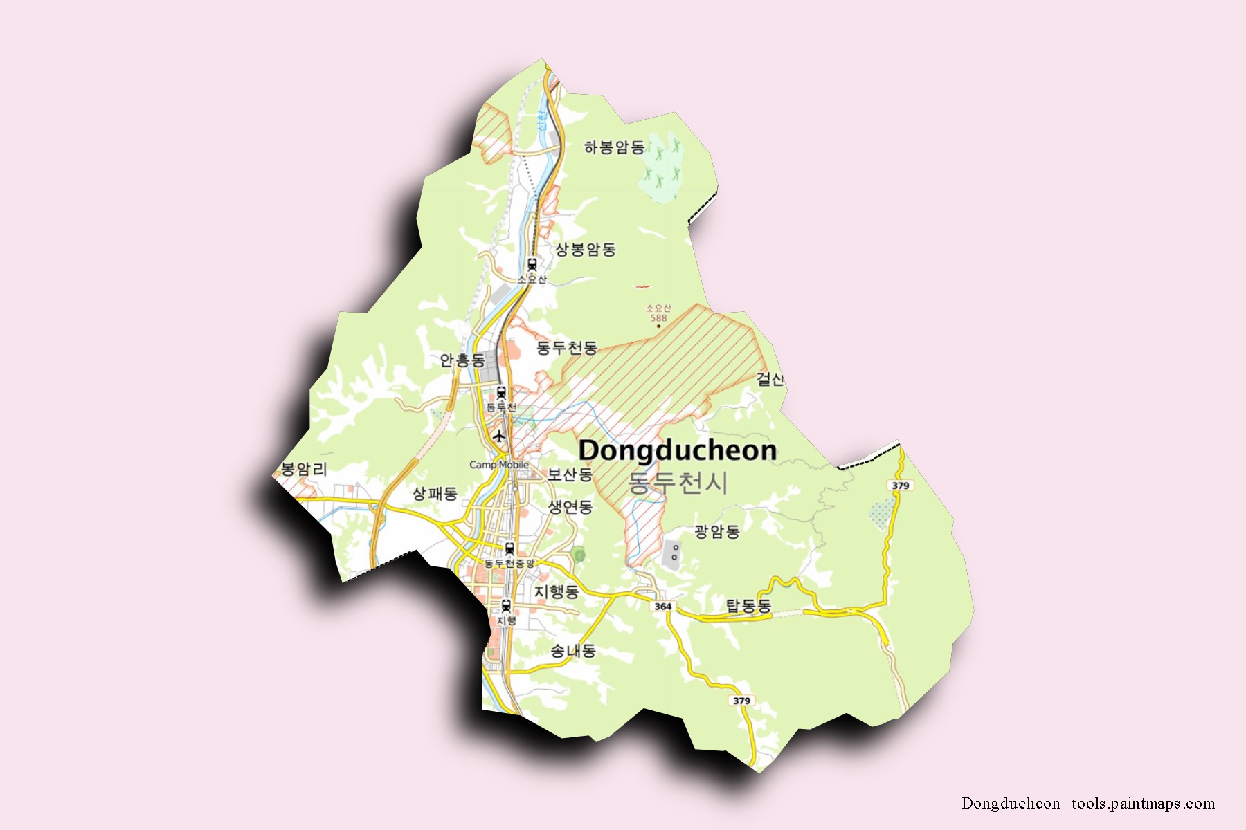 Mapa de barrios y pueblos de Dongducheon con efecto de sombra 3D