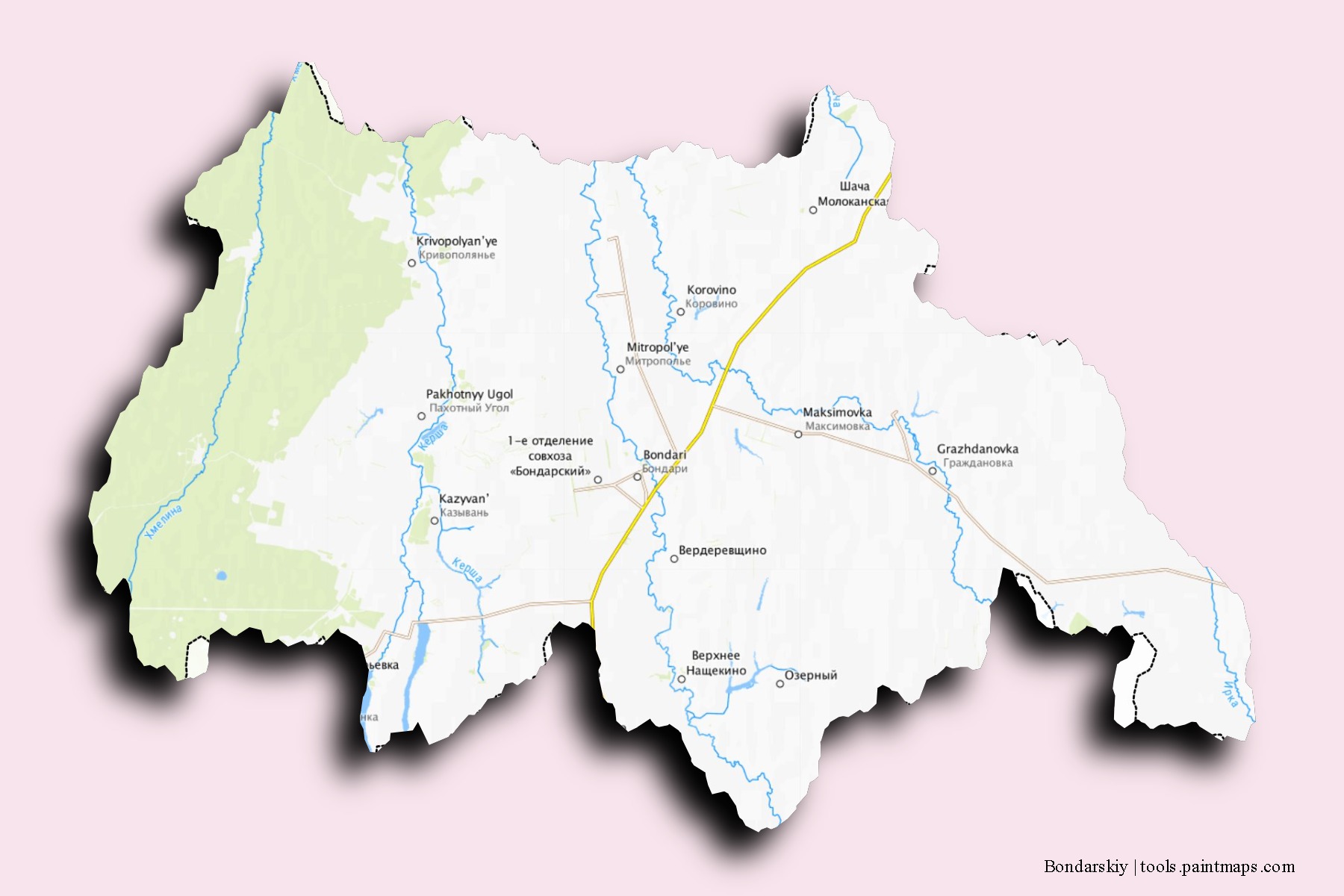 Bondarskiy neighborhoods and villages map with 3D shadow effect