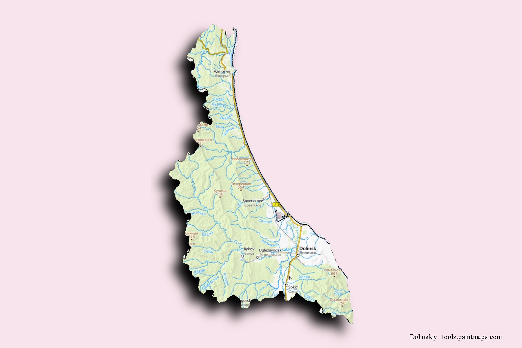 Dolinskiy neighborhoods and villages map with 3D shadow effect