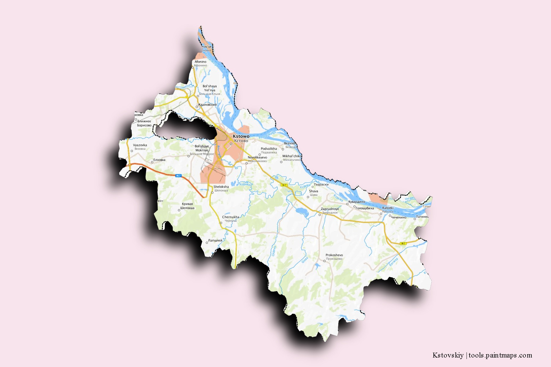 Kstovskiy neighborhoods and villages map with 3D shadow effect