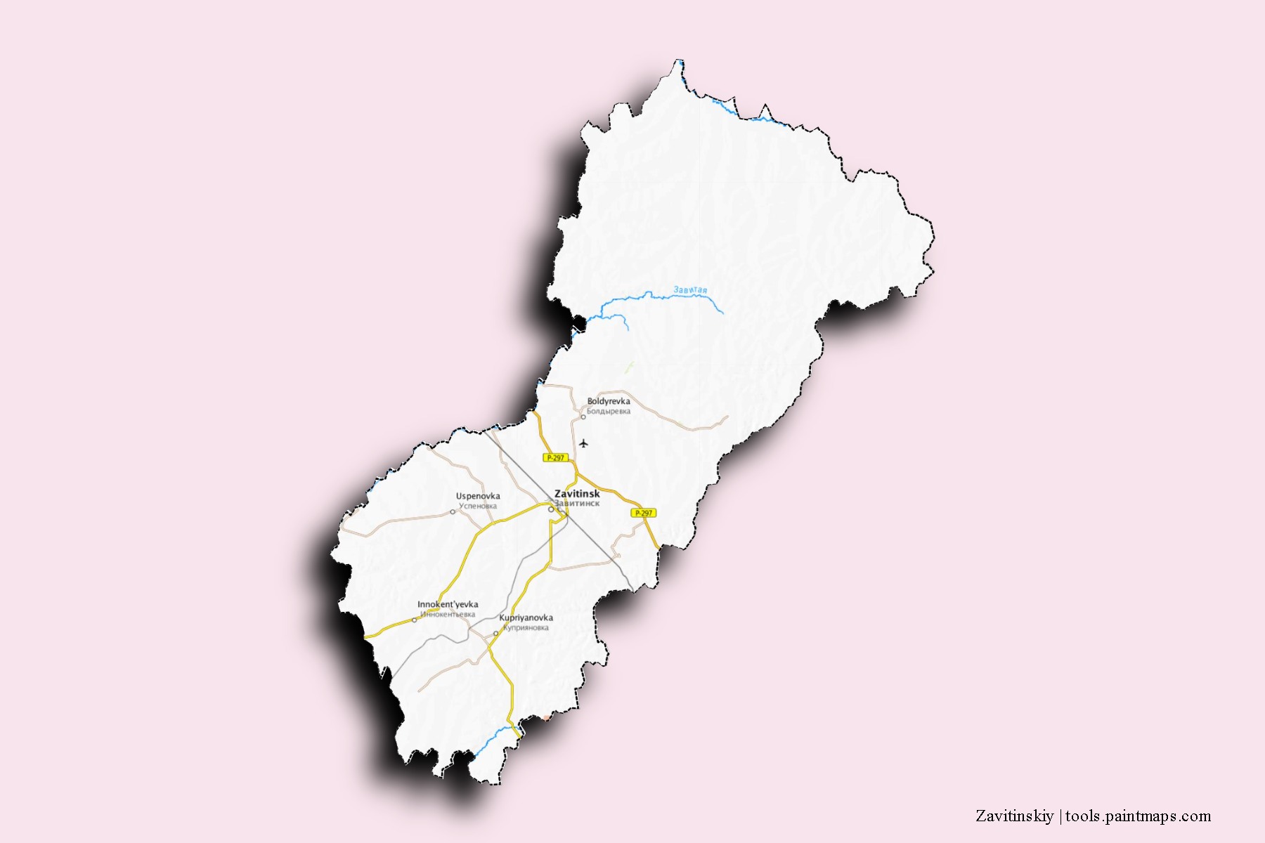 Mapa de barrios y pueblos de Zavitinskiy con efecto de sombra 3D