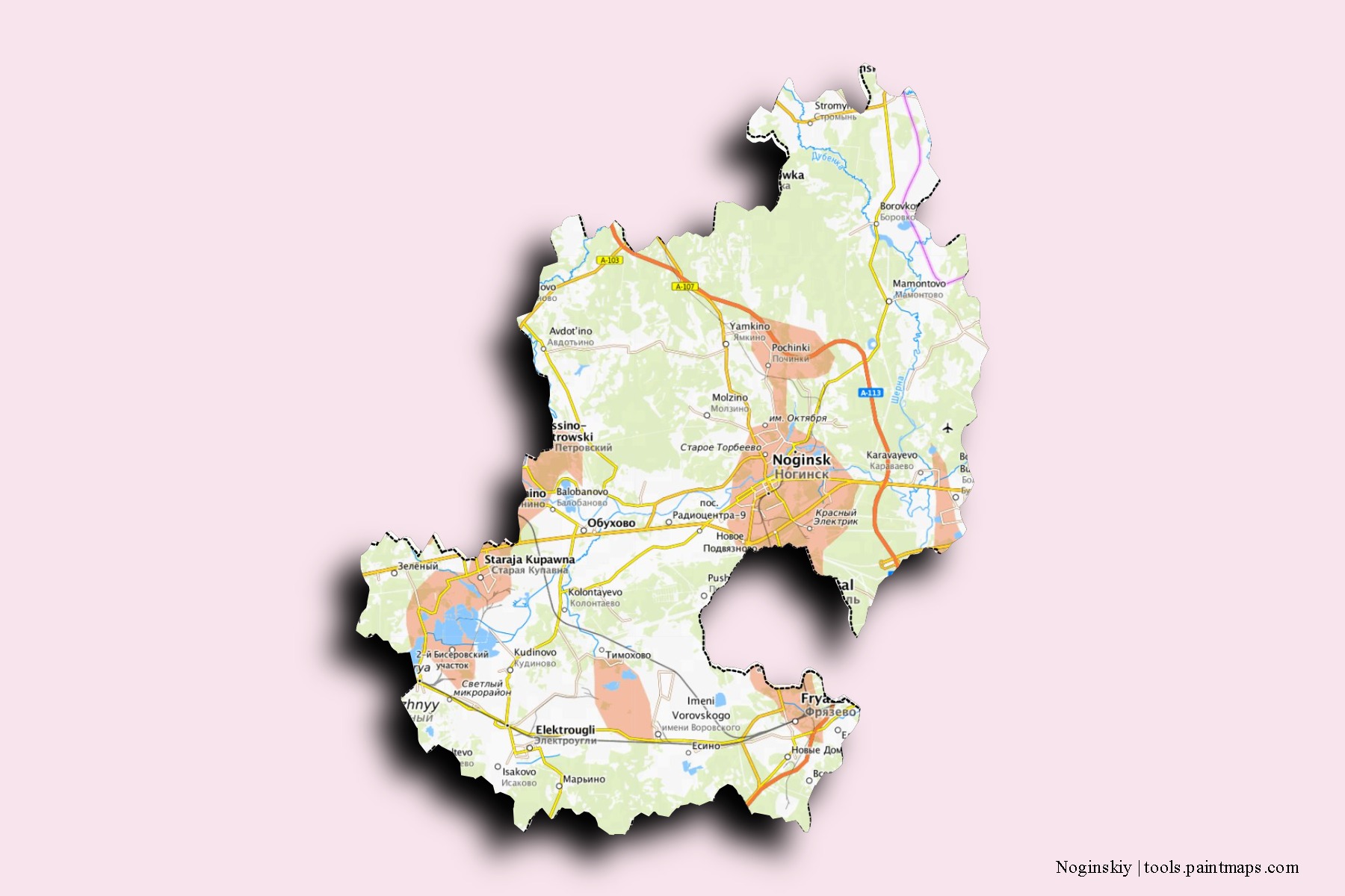 Mapa de barrios y pueblos de Noginskiy con efecto de sombra 3D