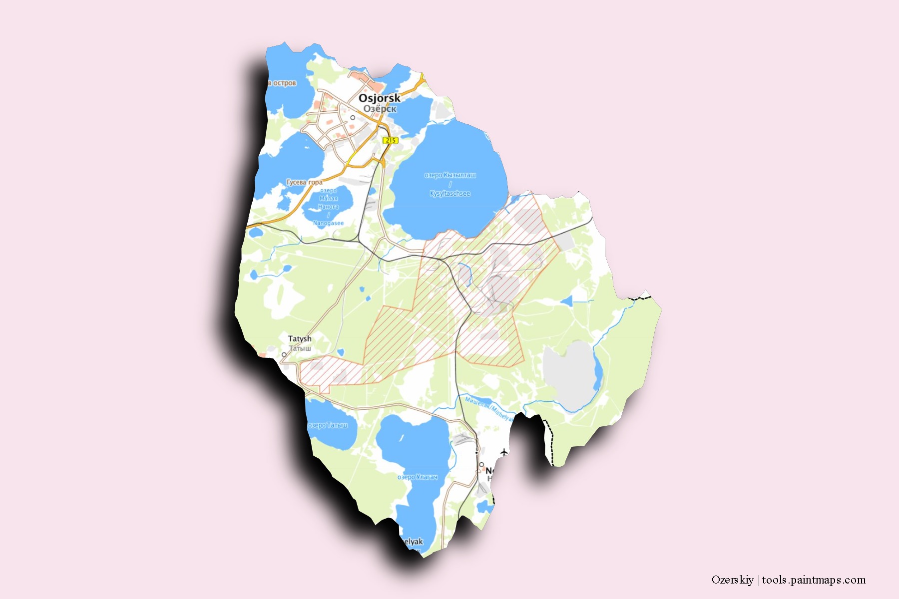 Mapa de barrios y pueblos de Ozerskiy con efecto de sombra 3D