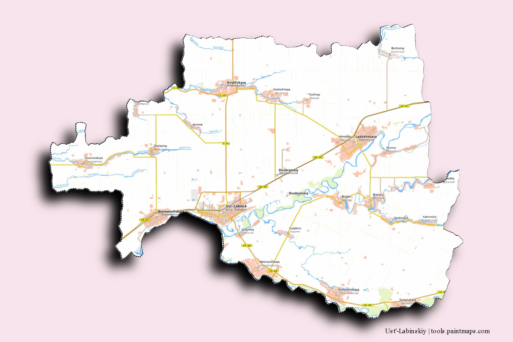 3D gölge efektli Ust'-Labinskiy mahalleleri ve köyleri haritası