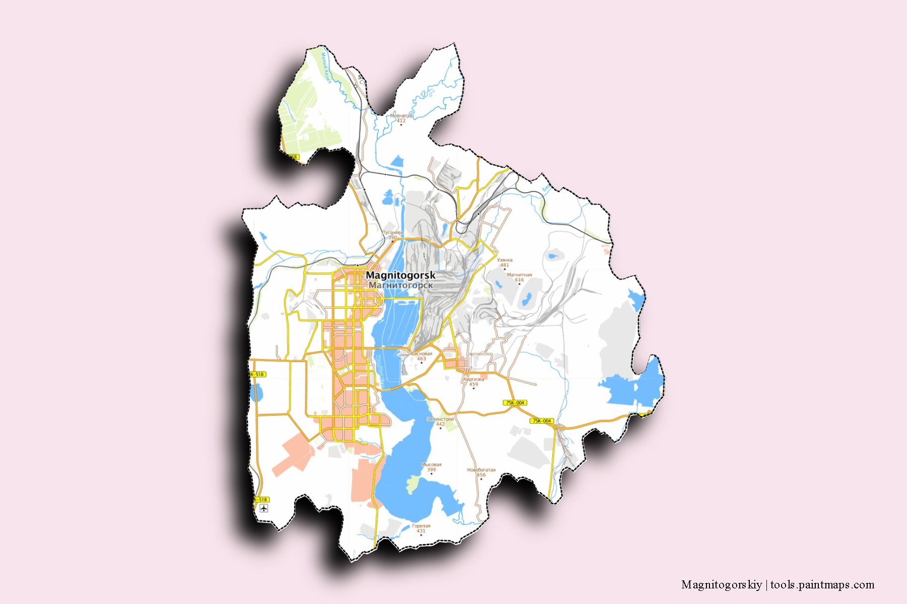 Magnitogorskiy neighborhoods and villages map with 3D shadow effect