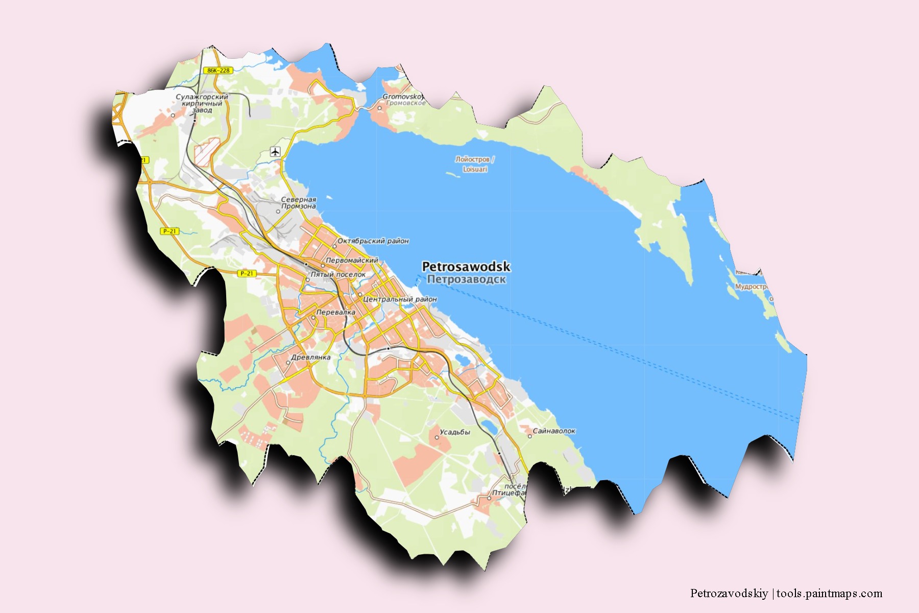 Mapa de barrios y pueblos de Petrozavodskiy con efecto de sombra 3D