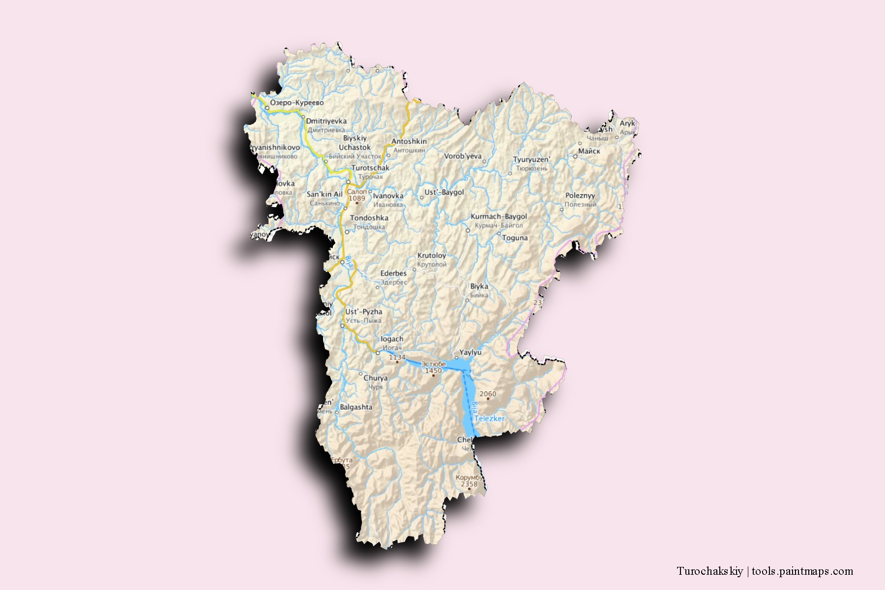 Mapa de barrios y pueblos de Turochakskiy con efecto de sombra 3D