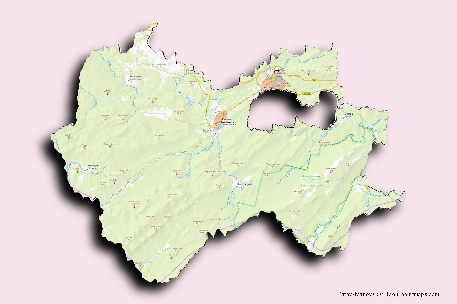 3D gölge efektli Katav-Ivanovskiy mahalleleri ve köyleri haritası