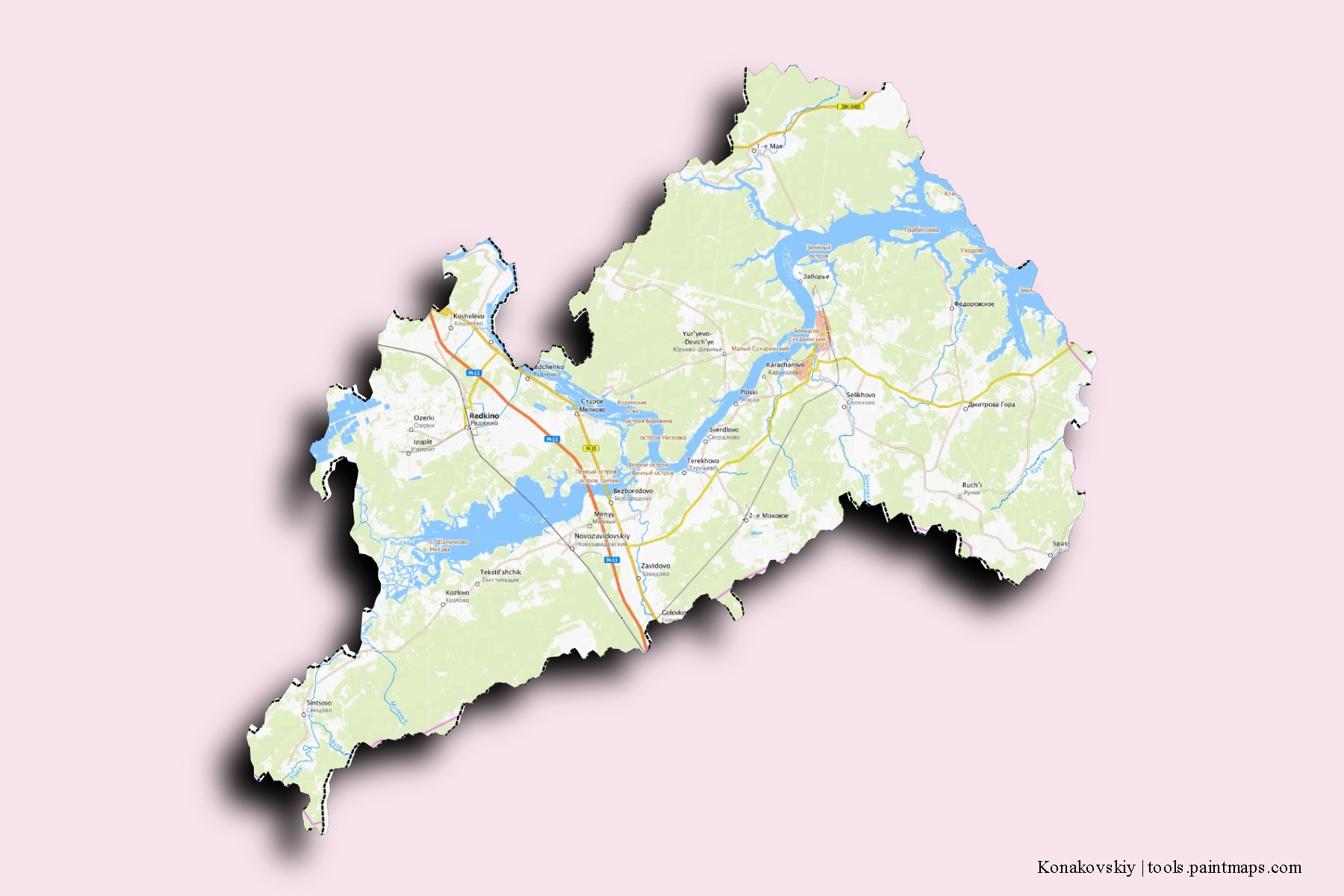 Mapa de barrios y pueblos de Konakovskiy con efecto de sombra 3D