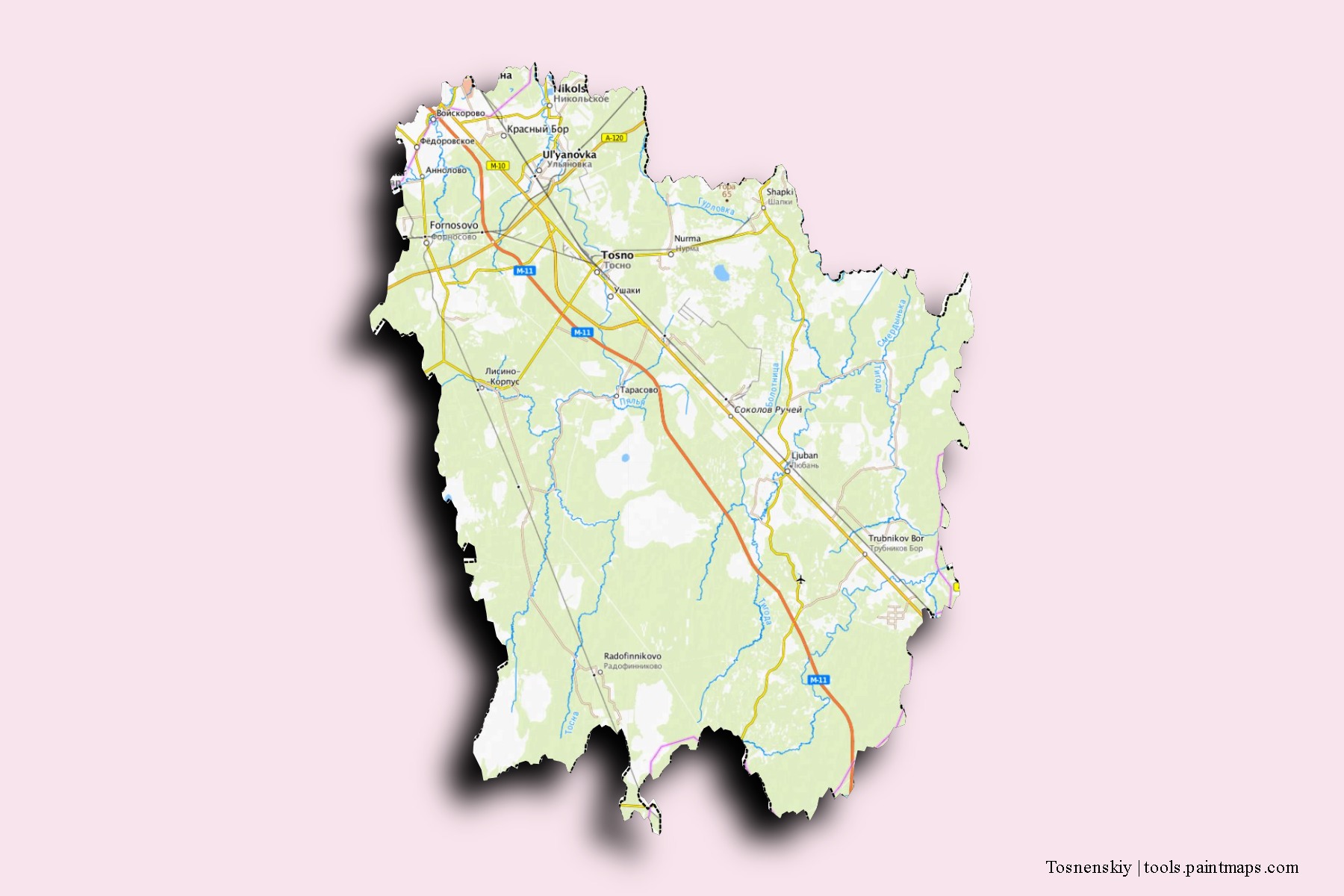 Tosnenskiy neighborhoods and villages map with 3D shadow effect