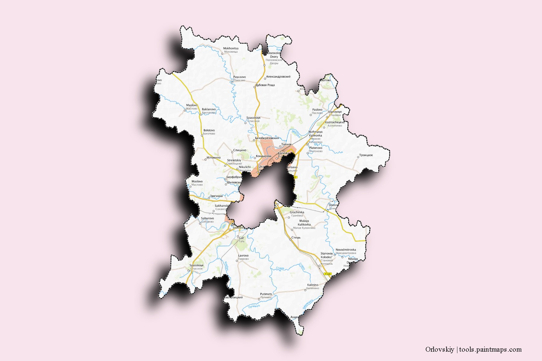 Mapa de barrios y pueblos de Orlovskiy con efecto de sombra 3D