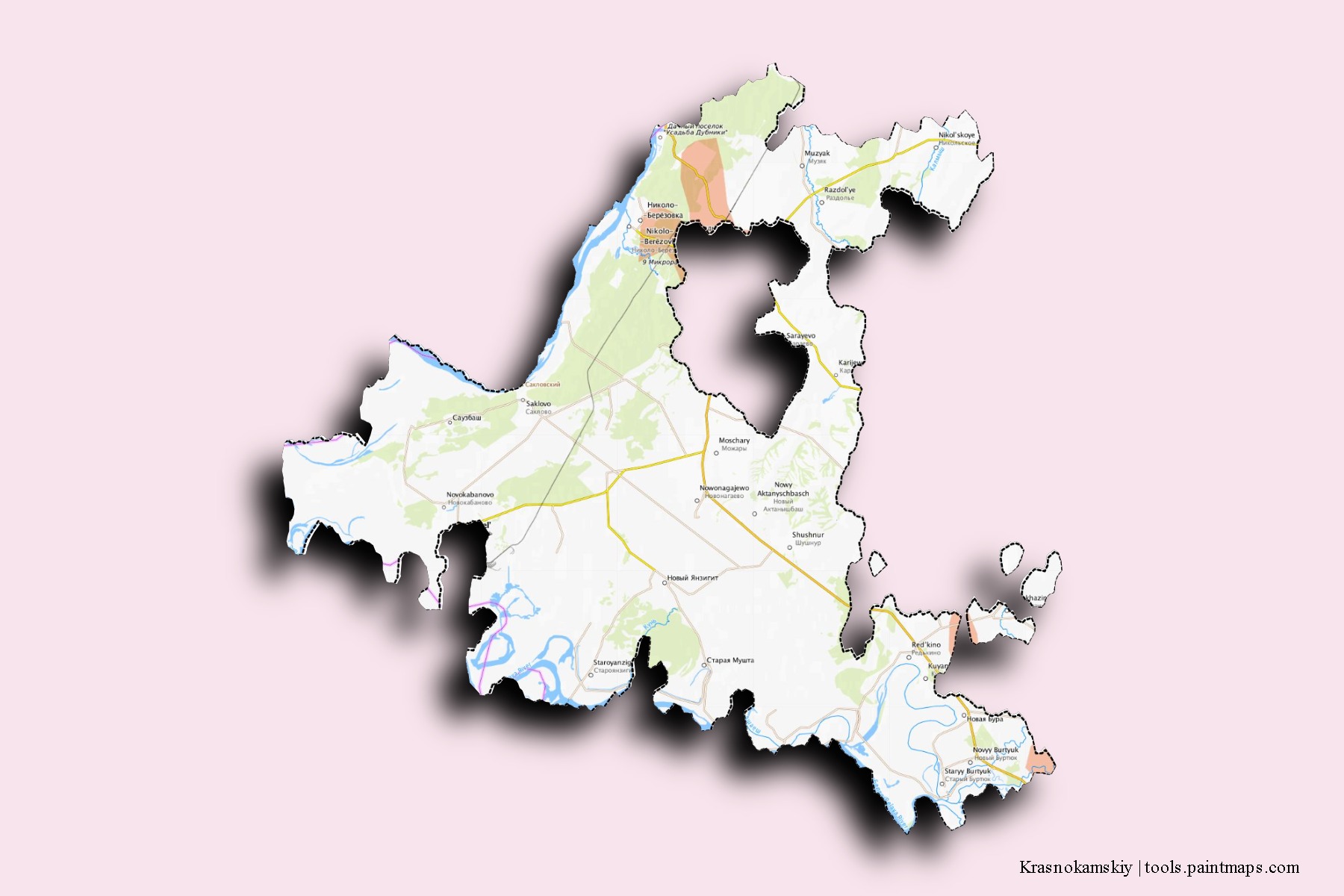 3D gölge efektli Krasnokama ili mahalleleri ve köyleri haritası