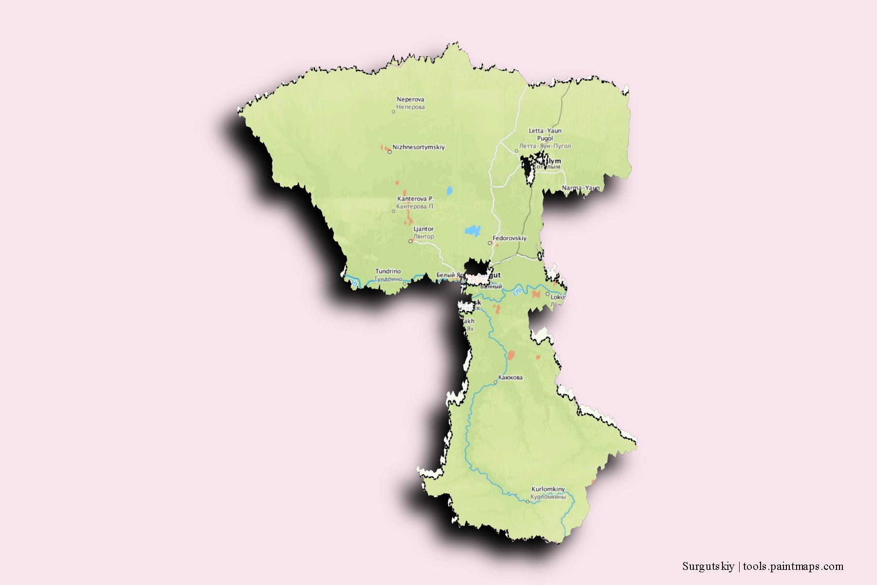 Surgutskiy neighborhoods and villages map with 3D shadow effect