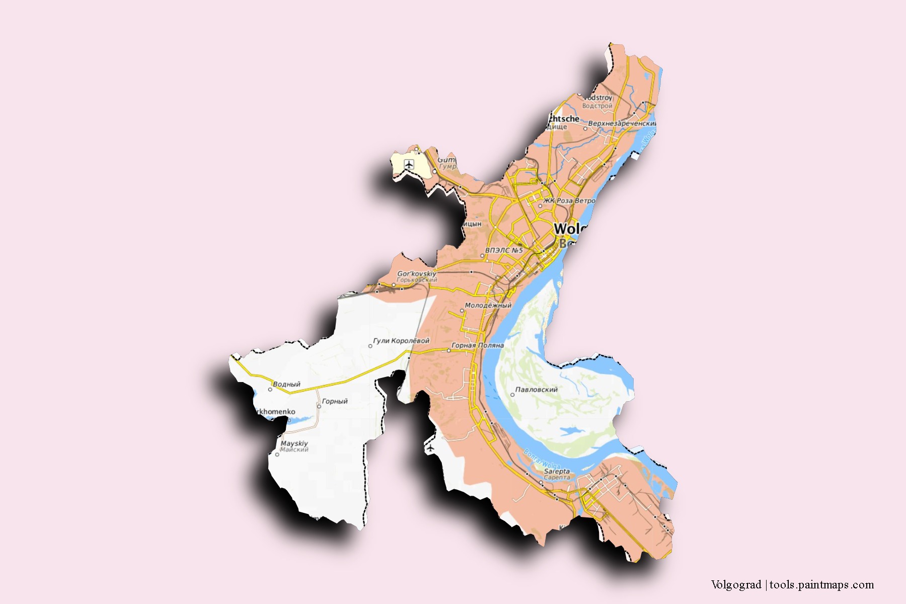 Mapa de barrios y pueblos de Volgograd con efecto de sombra 3D