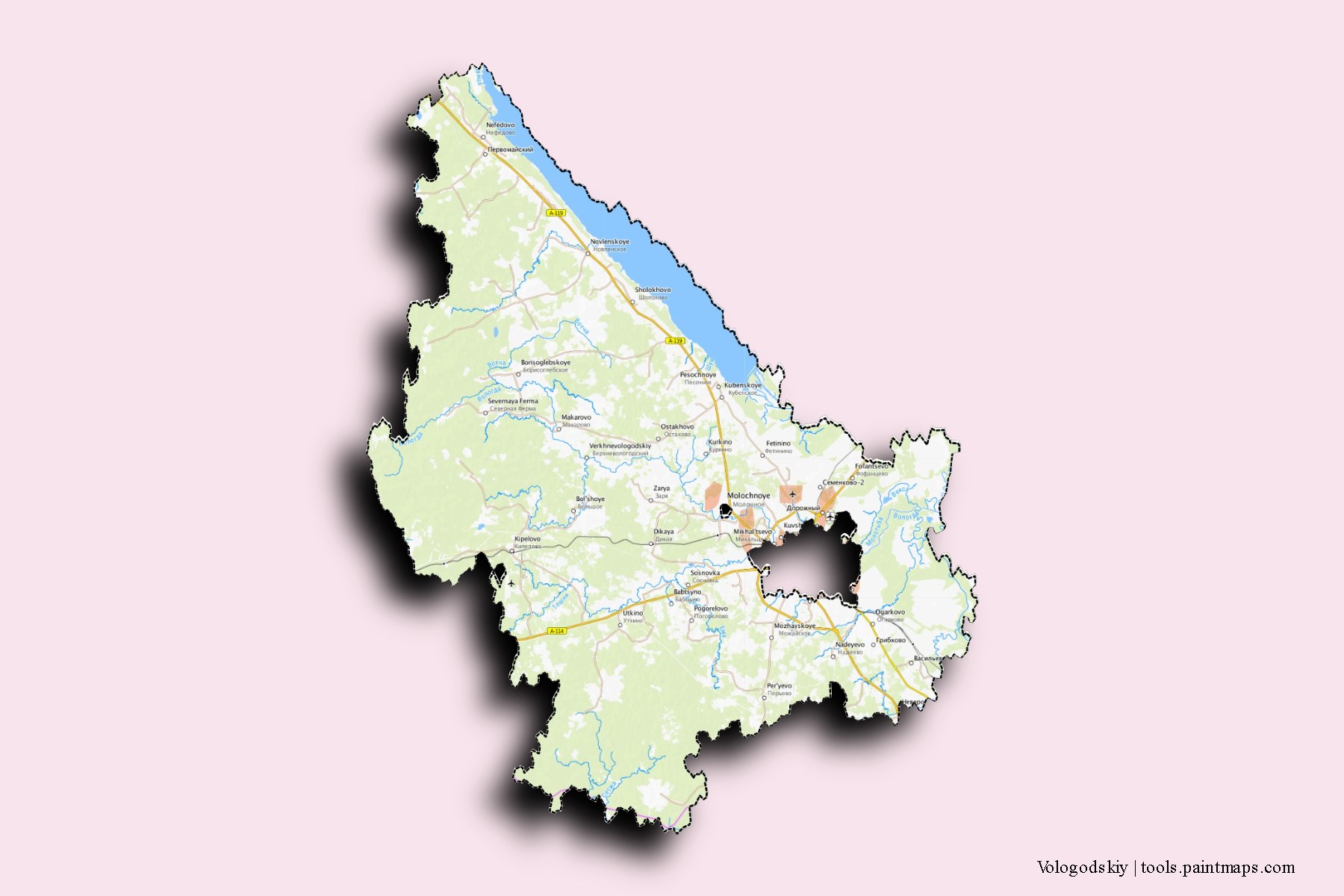 Mapa de barrios y pueblos de Vologodskiy con efecto de sombra 3D