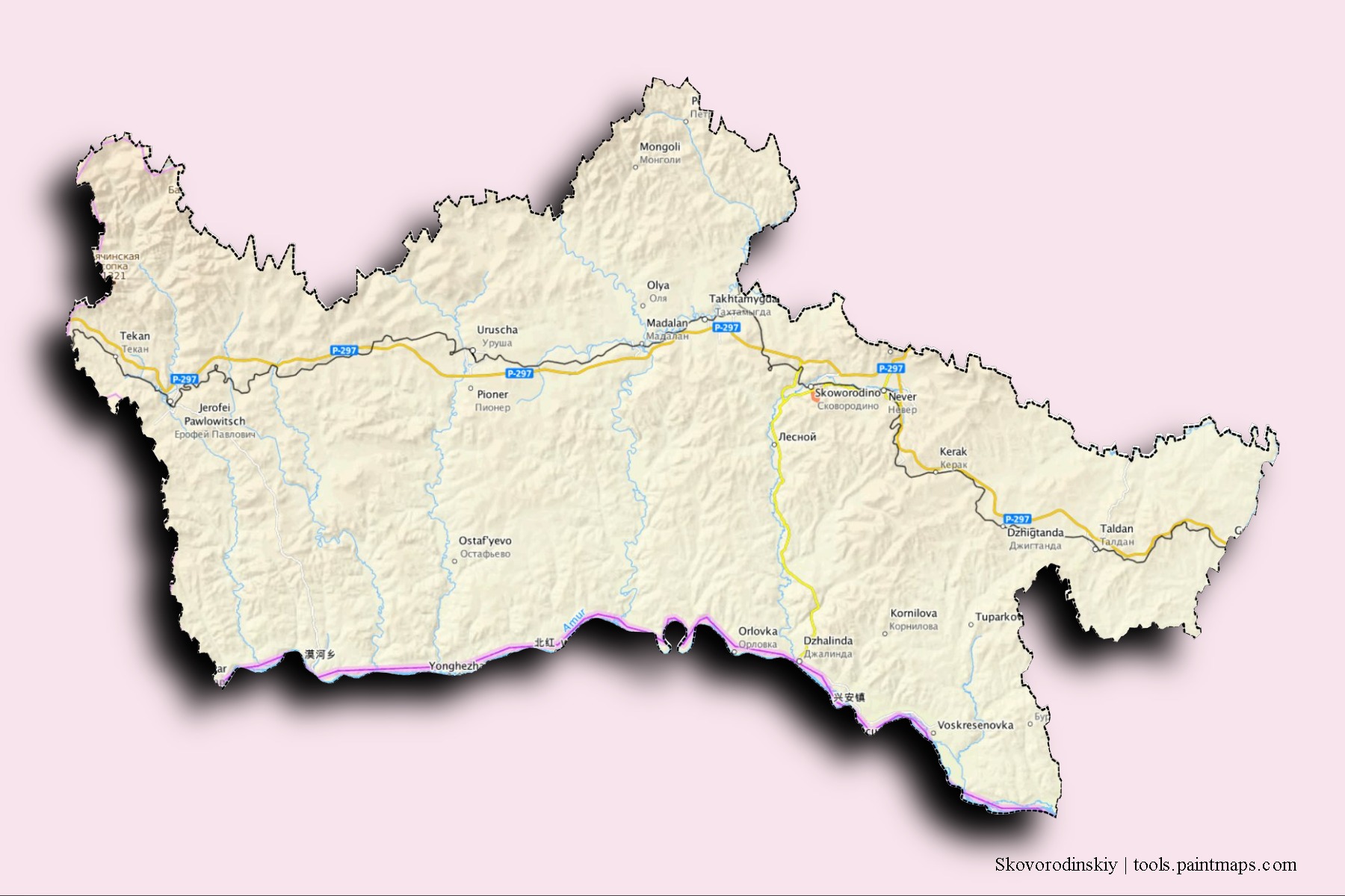 Skovorodinskiy neighborhoods and villages map with 3D shadow effect