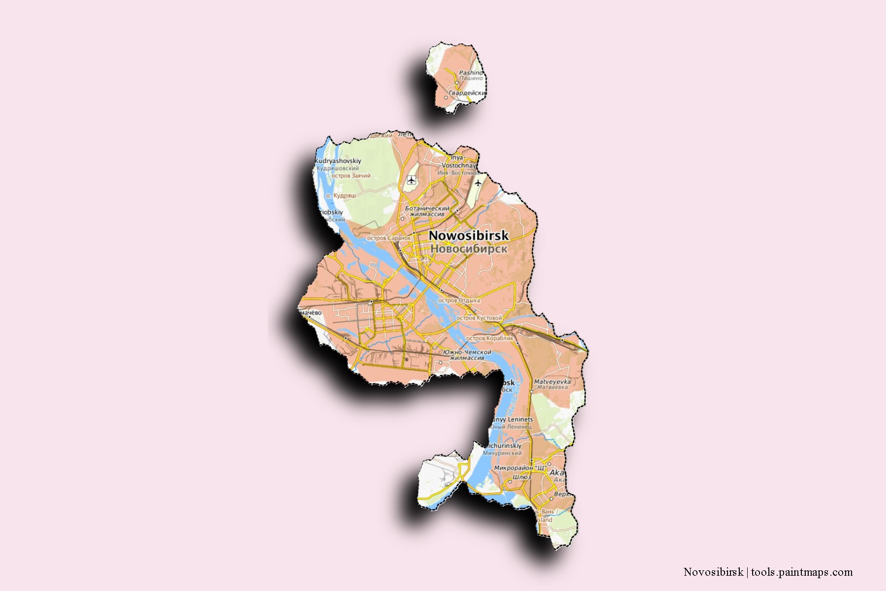 Novosibirsk neighborhoods and villages map with 3D shadow effect