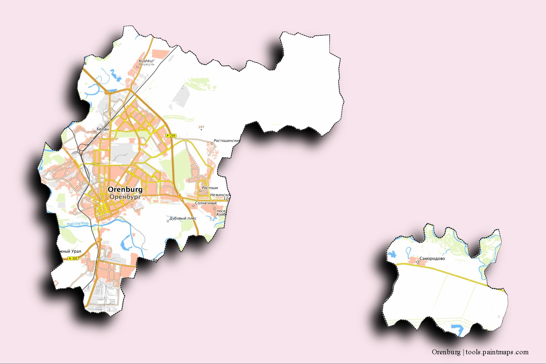 Orenburg neighborhoods and villages map with 3D shadow effect