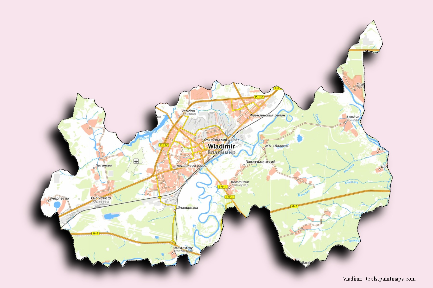 Vladimir neighborhoods and villages map with 3D shadow effect