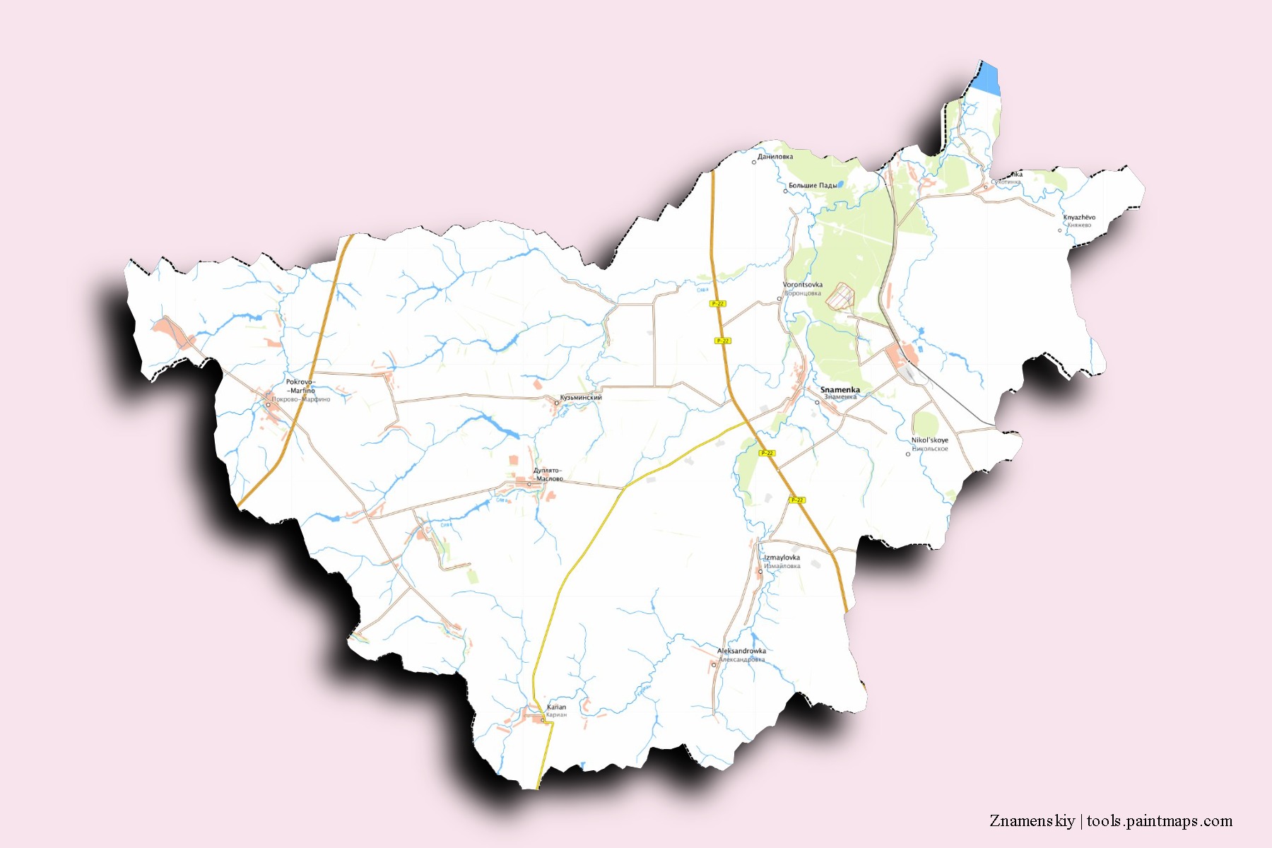 Mapa de barrios y pueblos de Znamenskiy con efecto de sombra 3D