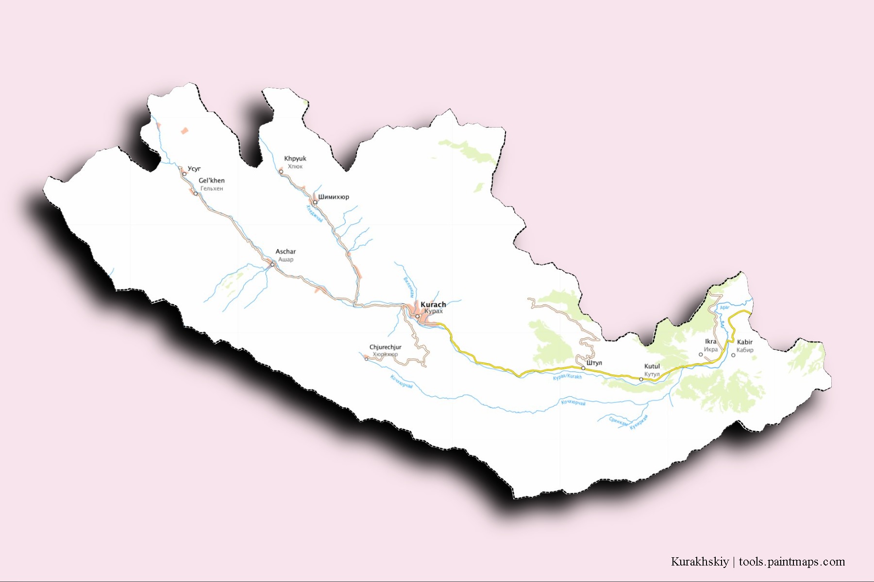 Kurakhskiy neighborhoods and villages map with 3D shadow effect