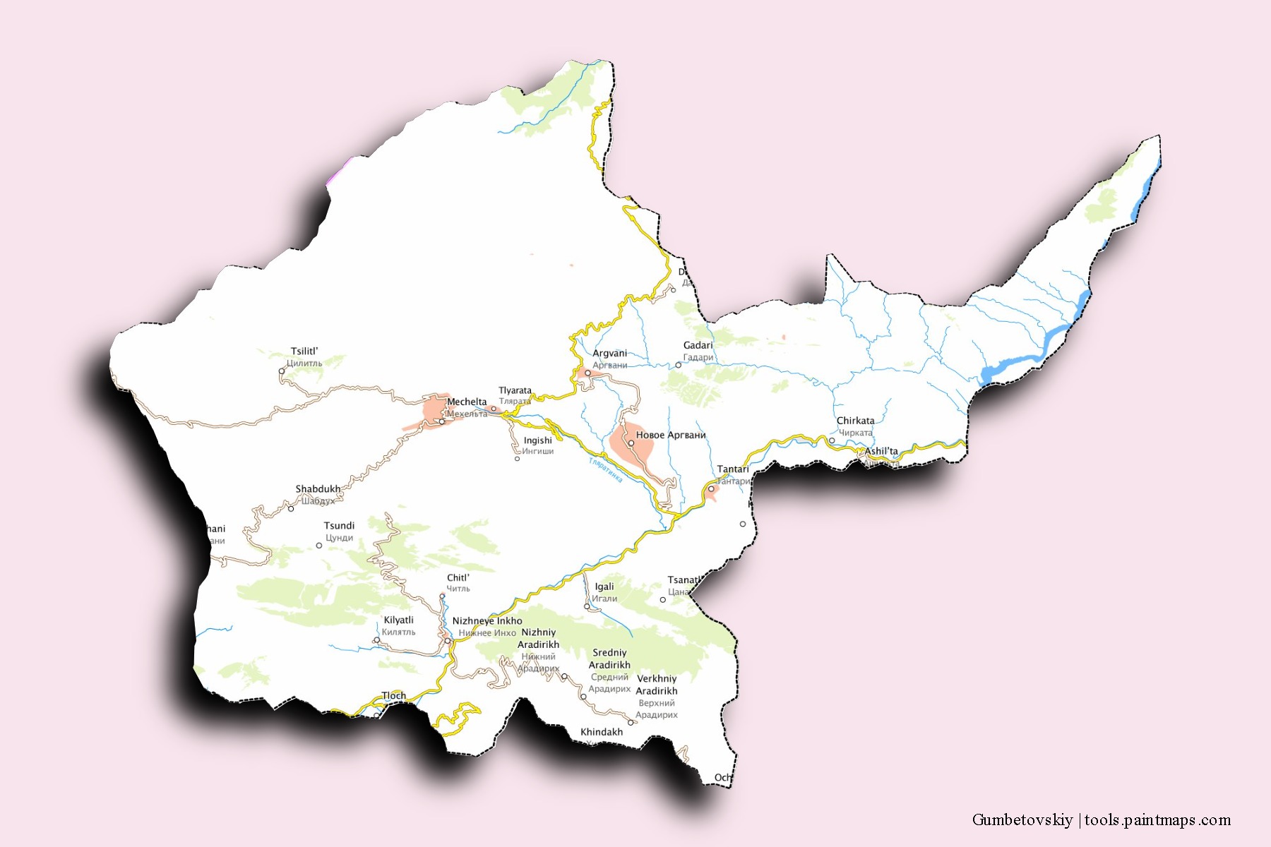 Mapa de barrios y pueblos de Gumbetovskiy con efecto de sombra 3D