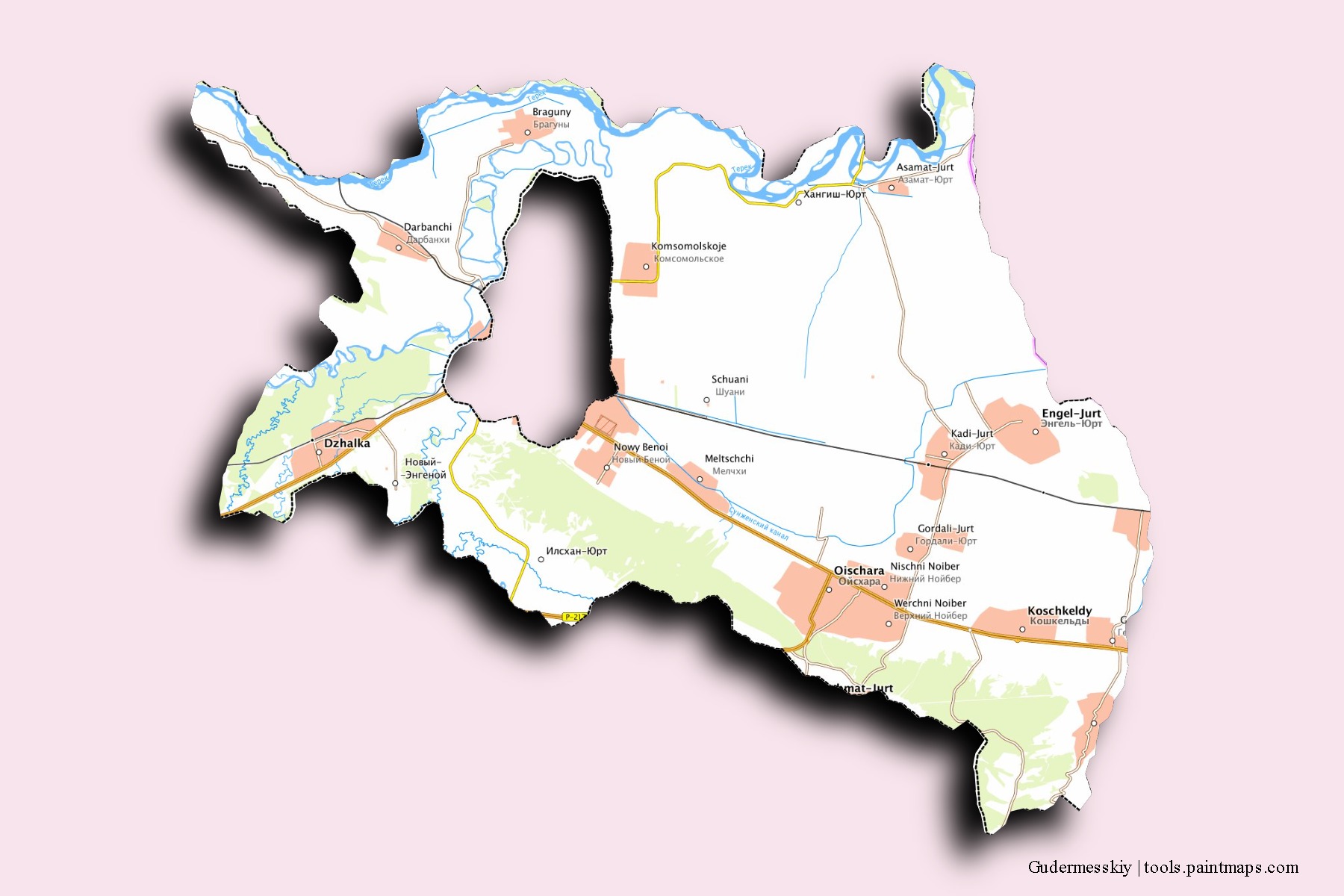 Gudermesskiy neighborhoods and villages map with 3D shadow effect