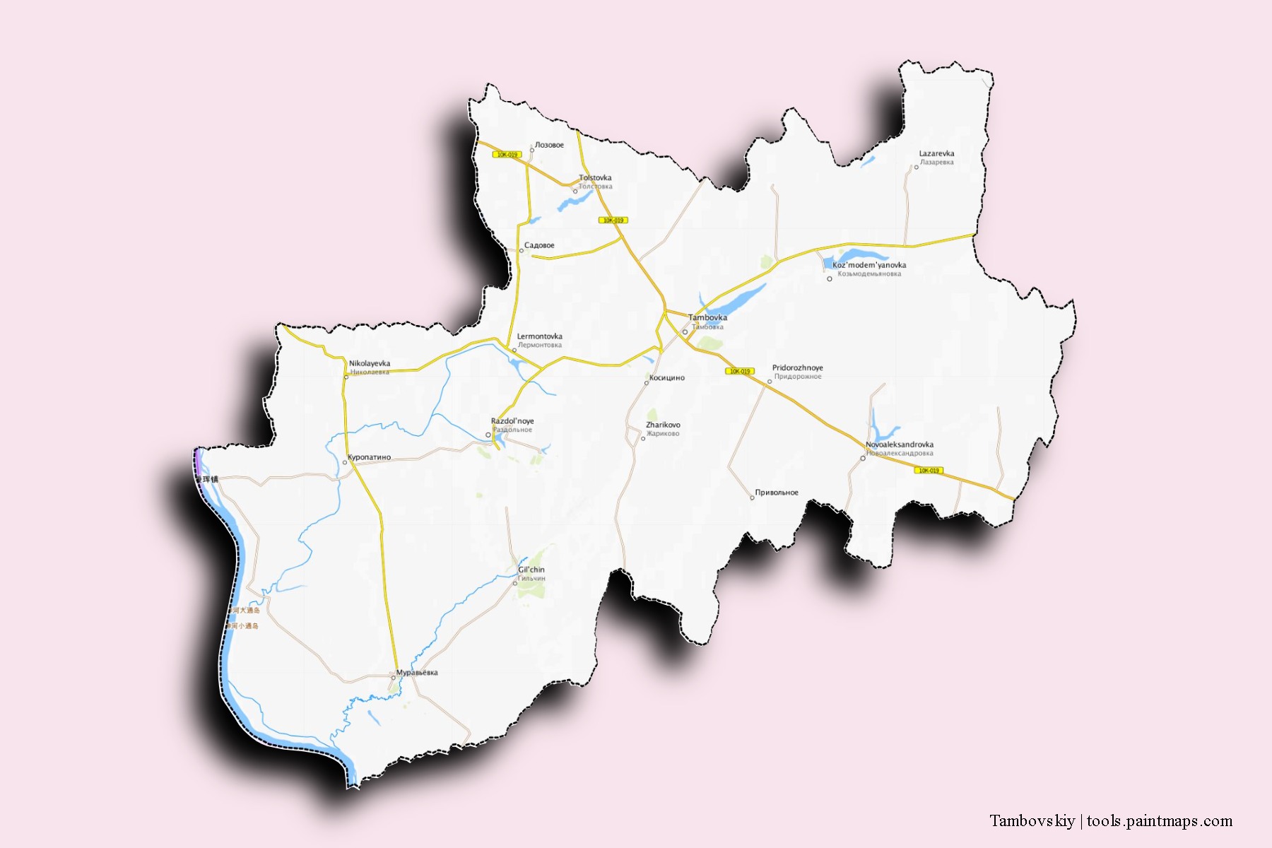 Mapa de barrios y pueblos de Tambovskiy con efecto de sombra 3D