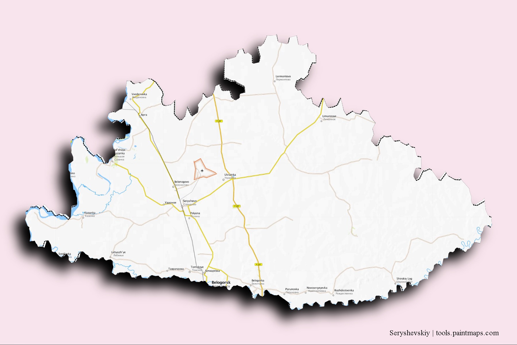 Seryshevskiy neighborhoods and villages map with 3D shadow effect