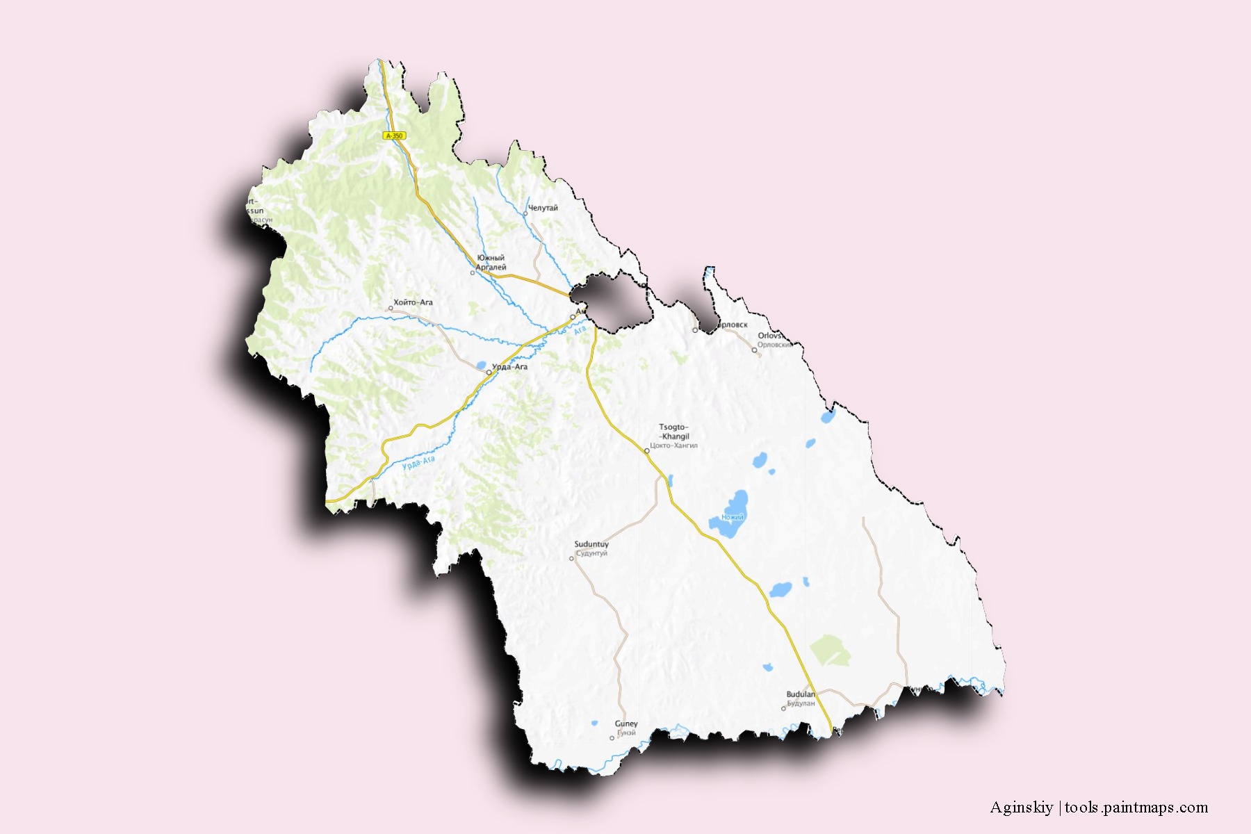 Mapa de barrios y pueblos de Aginskiy con efecto de sombra 3D