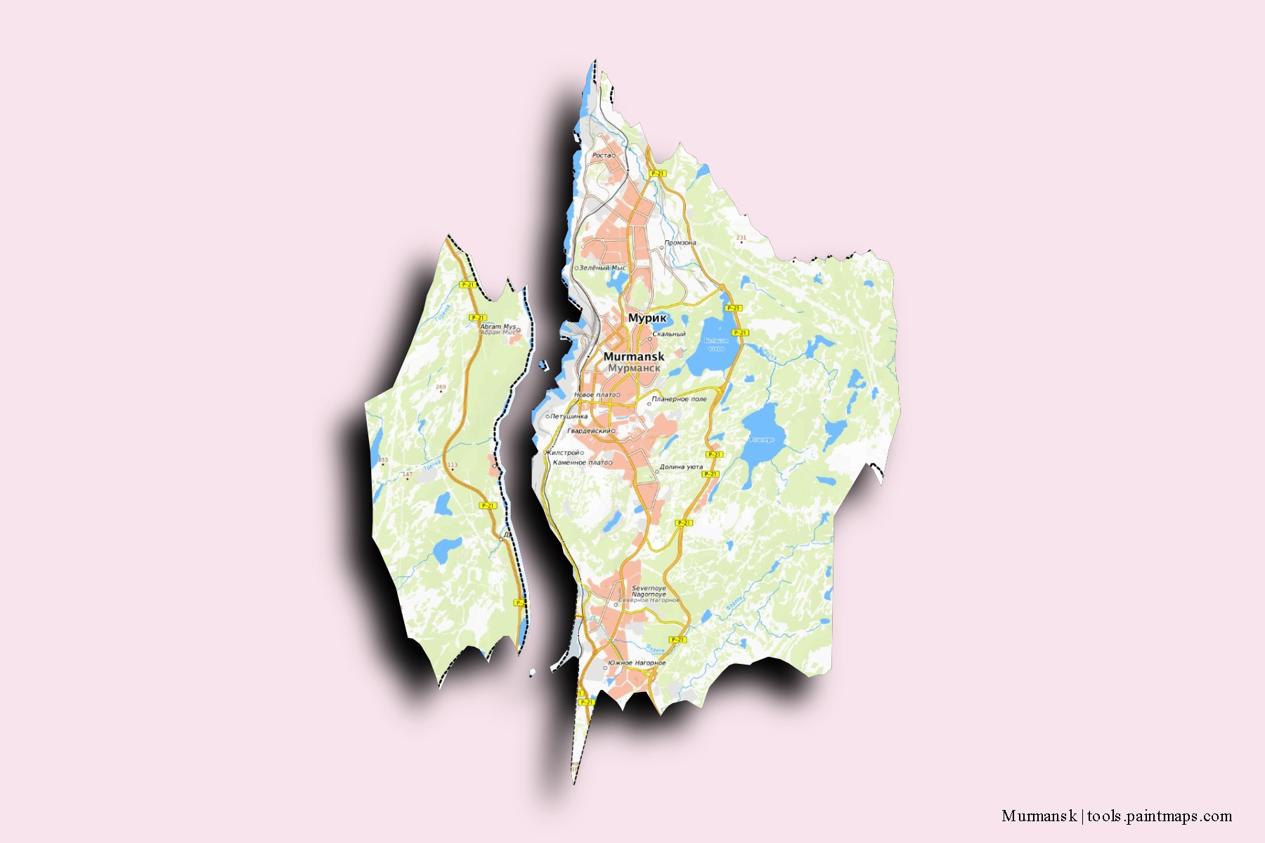 Murmansk neighborhoods and villages map with 3D shadow effect