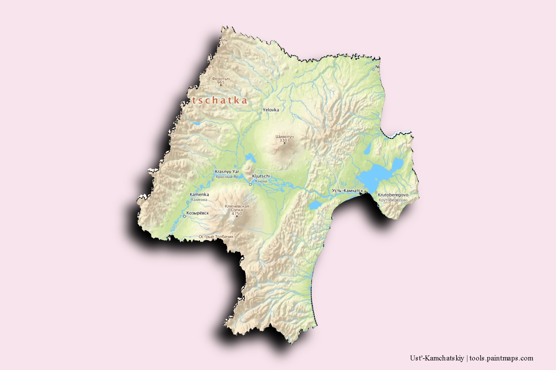 3D gölge efektli Ust'-Kamchatskiy mahalleleri ve köyleri haritası
