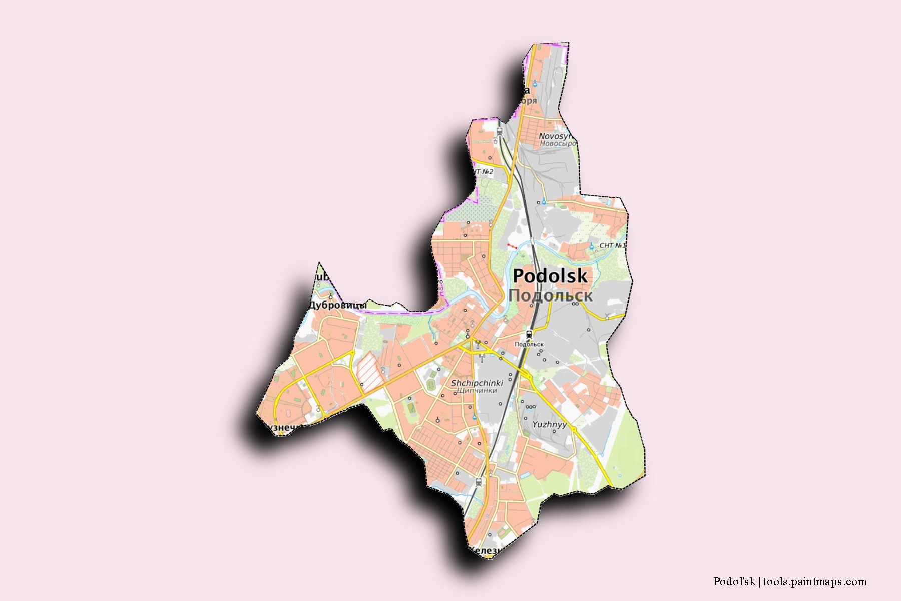 Podol'sk neighborhoods and villages map with 3D shadow effect